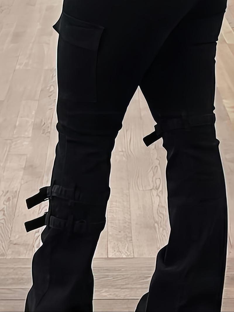 【Plus Size】 Solid Color Buckle Decor Stretchy Jeans, Casual Comfy Denim Pants for Daily Wear, Women's Bottoms for All Seasons