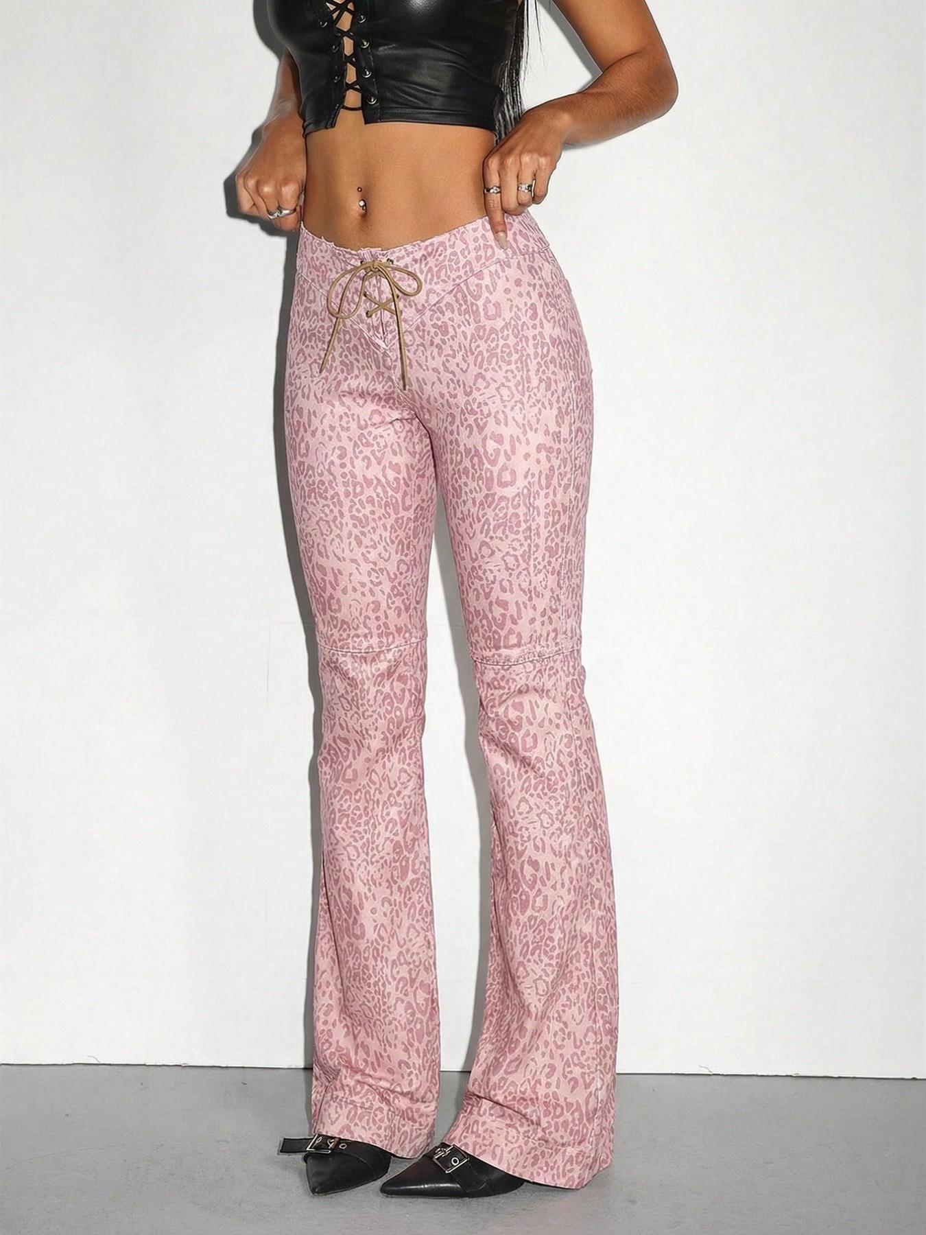 Women's Low Waist Leopard Print Tie Front Micro Flare Jeans, Vintage Washed Slim Fit Stretch Bell Pants, Comfortable High Street Fashion