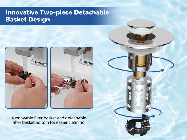 Hibbent Upgraded 3 in 1 Bathroom Sink Drain Strainer, Universal Pop Up Stopper with Removable Stainless Steel Filter Basket Hair Catcher, Sink Plug for 1.1''~2.36'' Basin, Brass Bullet Core, Chrome