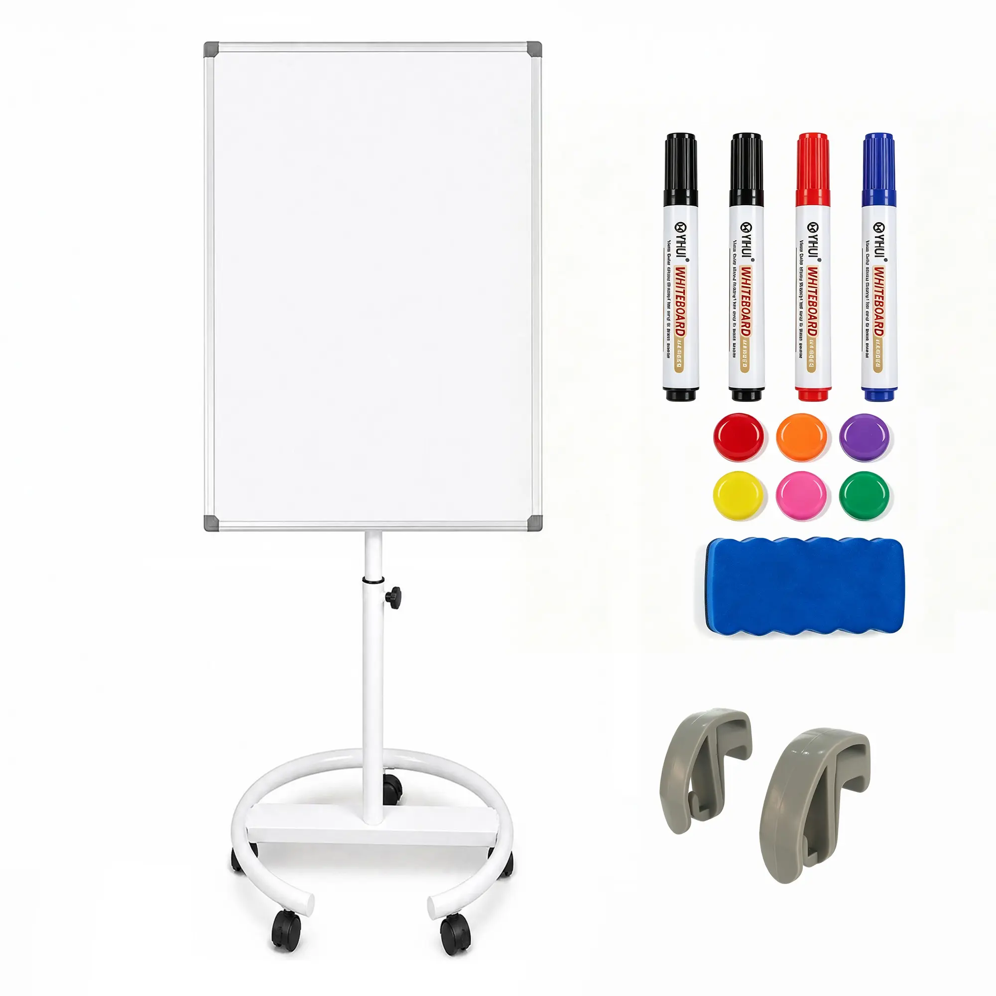 Mobile Magnetic Dry Erase Whiteboard on Wheels, Height-Adjustable Stand, Round Base, Rotate Chart Hooks, 36 x 24 in, Office & Training Room