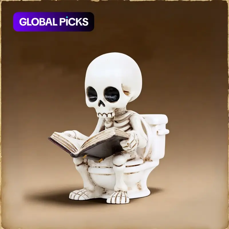 Gothic Skull Toilet Reader Figurine, Resin Sculpture of Skeleton Reading on Toilet, Fun Humorous Desk/Bathroom Decor, Unique Gift for Book Lovers and Halloween Enthusiasts #GLOBAL PICKS