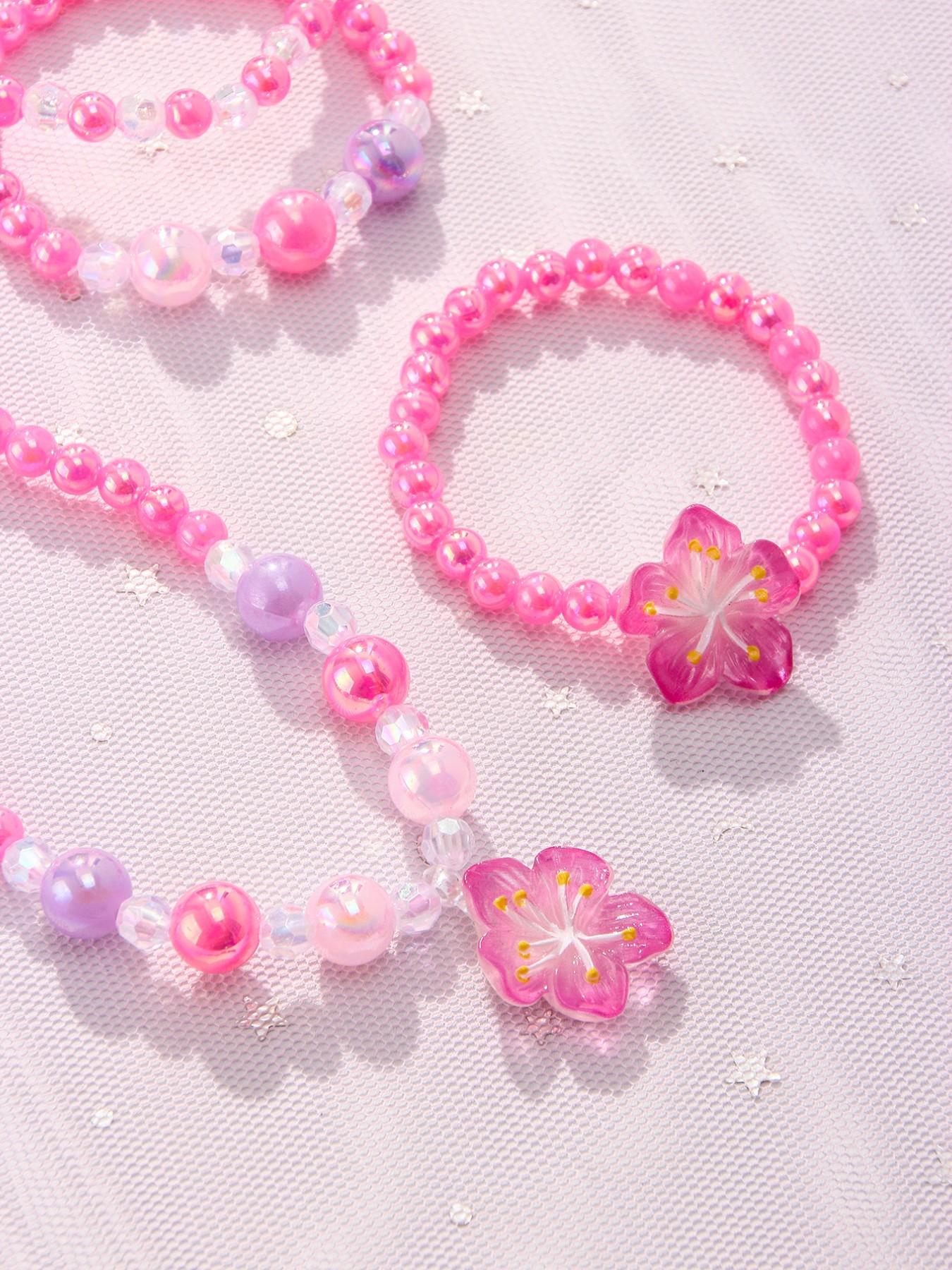 4pcs/set Acrylic Flower Pendant Necklace Bracelet Set, Cute Jewelry for Girls, Birthday Party Gift, All Seasons Wear