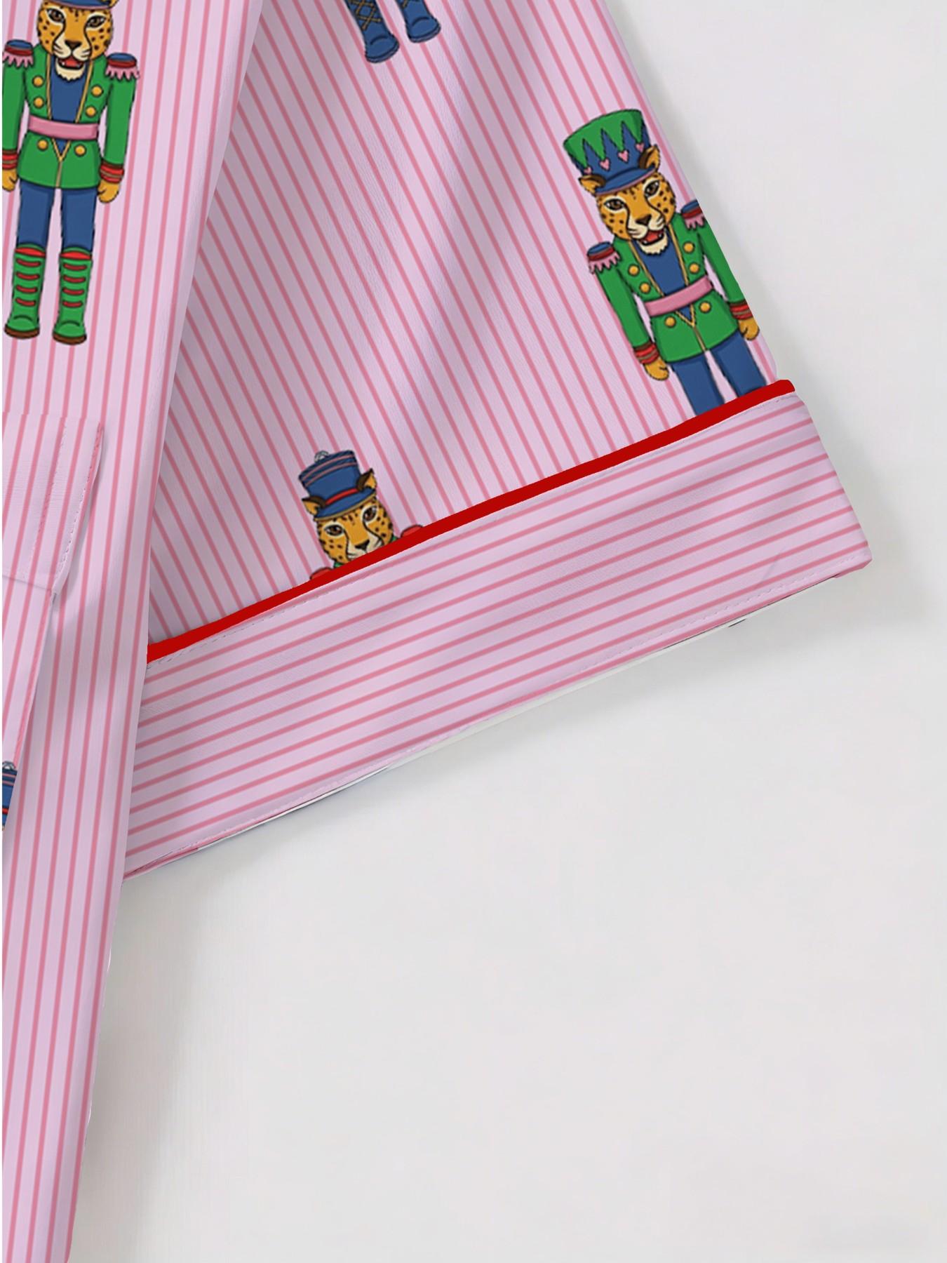 Women's Short Sleeve Button Down Top and Shorts Pajama Set, Spring Summer Wear, For Nutcracker Fairy Tale Lovers, Pink Stripe Colorful Nutcracker Soldier Print, Classic Lapel Collar, Loose Fit, Comfortable For Home & Holiday Gatherings