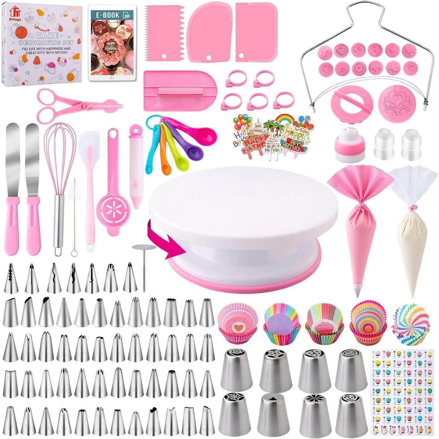 Nifogo 356pcs Cake Decorating Supplies Kit for Beginners - Stainless Steel Whisk, Piping Bags, Icing Tips, Cupcake Stand Set for Baking, Chocolate Carving in Kitchen (Ideal Gift)