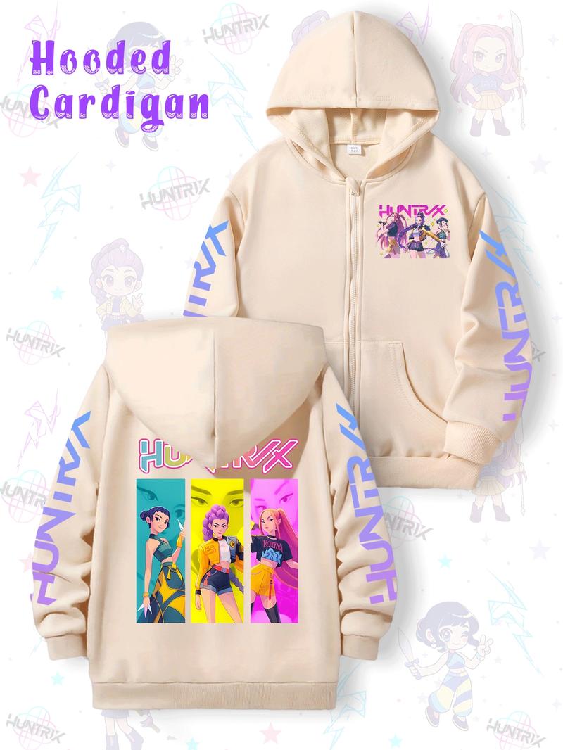 Girls' Kpop Demon Hunters Graphic Casual Hoodie Jacket, Cartoon Print Zipper Sweatshirt, Fall & Winter Fashion, Comfortable Kids Clothing