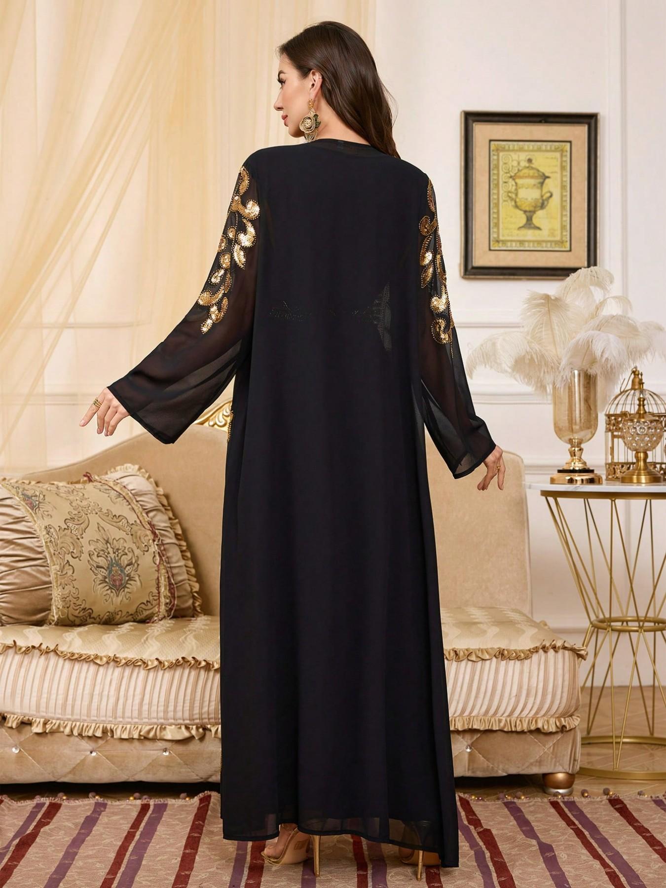 Gold Embroidered Two-Piece Dubai Muslim Robe, Elegant Islamic Clothing, Heavy Sequin Open Front, Elegant Long Sleeve Maxi Dress for All Seasons
