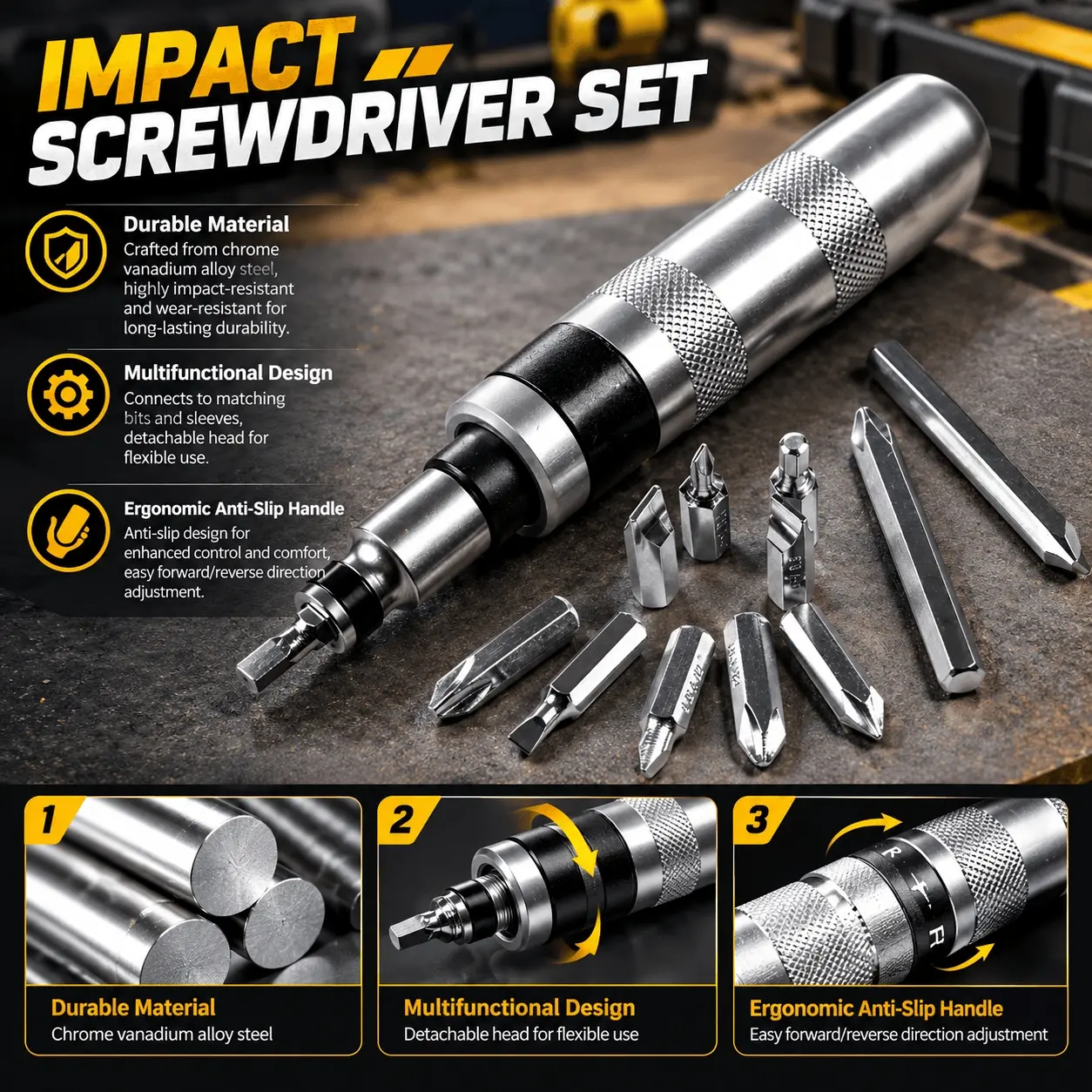 13PCS Multifunction Impact Screwdriver Set, Including cross-head, Rusty Screw Remover, Convertible Screwdriver and Center Tap, Suitable for Automotive Repair, Alloy Steel, Multifunctional Screwdriver