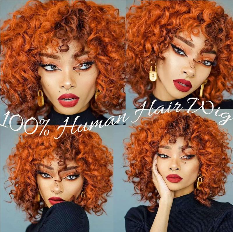 Junoda-Kiqibeauty Short Curly Bob Wig with Bangs Full Machine Made Human Hair Wigs for Black Women (Curly wig with bangs, Orange)