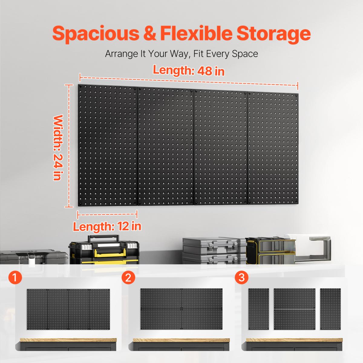 Metal Pegboard Panels, 24" x 12" Pegboard, 4 Panels, Heavy Duty Steel Peg Board Wall Organizer, for Living Room Garage Tool Storage Workbench Office Organization Craft Room Kitchen Home, Black