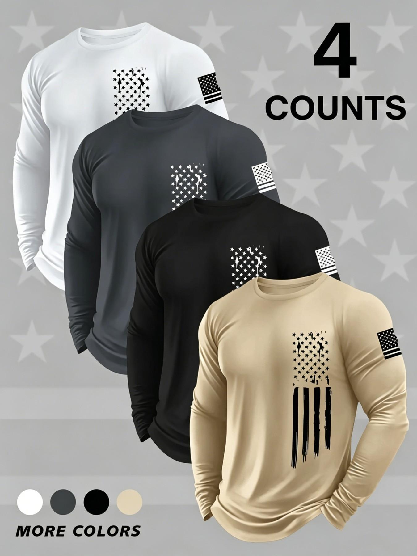 4 Pack Men's Round Neck Long Sleeve T-Shirts, Casual Knitwear Top, Slight Stretch, Flag Print, Quick Dry, Gym, Running, Outdoor Activities 4 Pack Men's Round Neck Long Sleeve T-Shirts, Casual Knitwear Top, Slight Stretch, Flag Print, Quick Dry, Gym, Running, Outdoor Activities