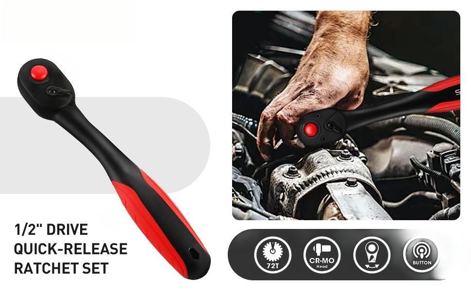 3-Piece 72-Tooth Composite Ratchet Set, 1/4", 1/2", 3/8" Drive Ratchet Handle - Chrome Vanadium Steel Construction & Full Composite Shell - Offset Handle - 72-Tooth Quick Release Reversible Heads