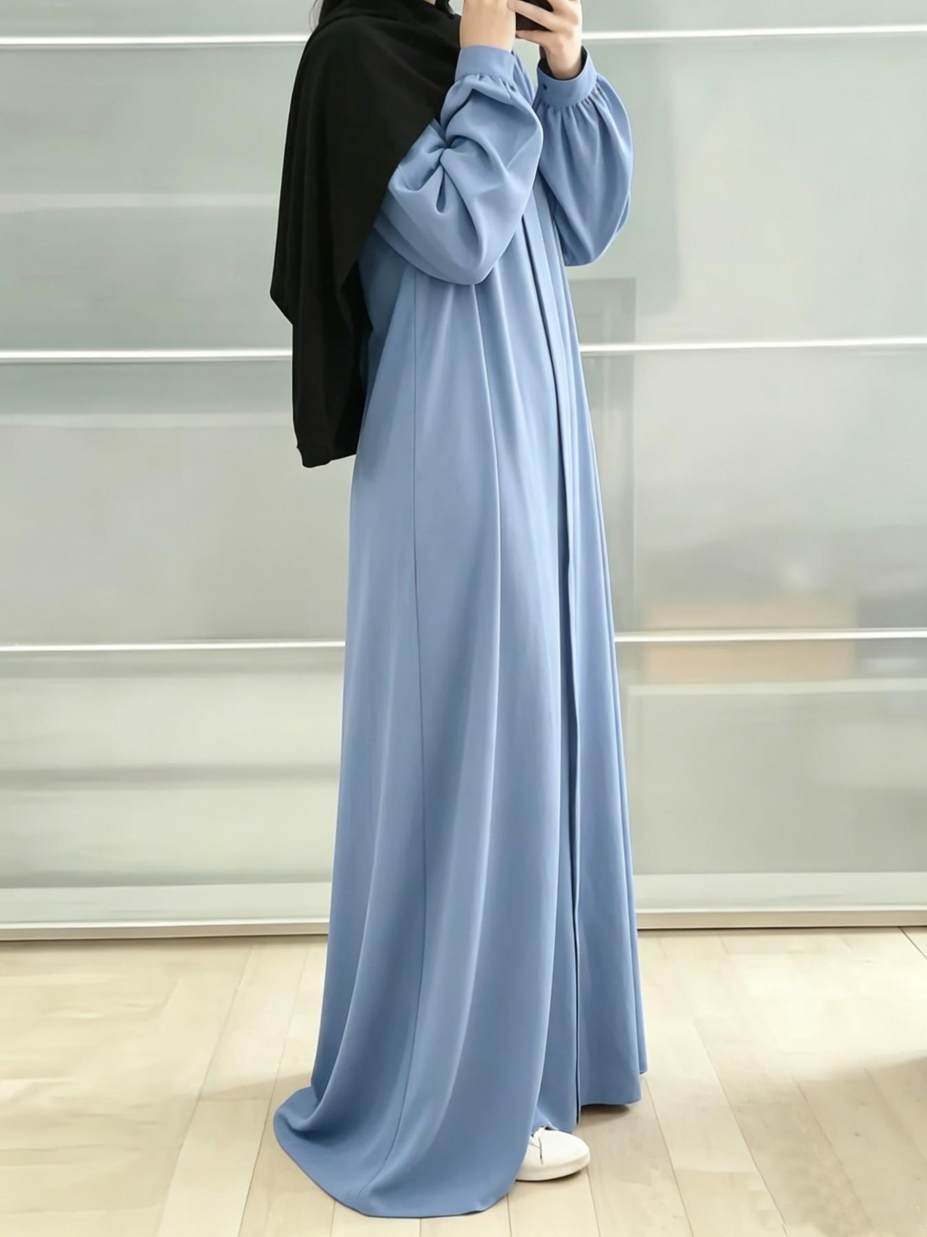Pastel Blue Mandarin Collar Maxi Dress, Loose-Fit Hijabi Style, Wraparound Design, Gathering Detailing, All-Season Wear, Modest Muslim Clothing, Islamic Clothes, For Muslim
