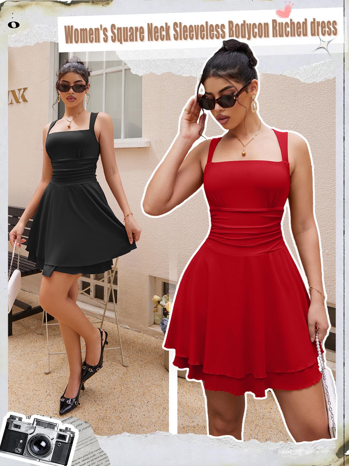 OYV Women's Square Neck Sleeveless Bodycon Ruched Waist Flowy A-Line Ruffle Hem Mini Dress with Pockets