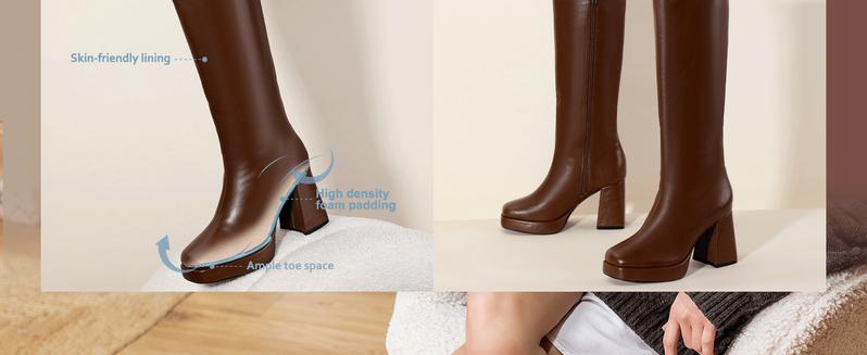 IDIFU Women's Square Toe Knee-High Boots, Soft Comfortable Chunky heel Booties for Winter, Elegant Walking Shoes Girl, Female Black Platform Footwear