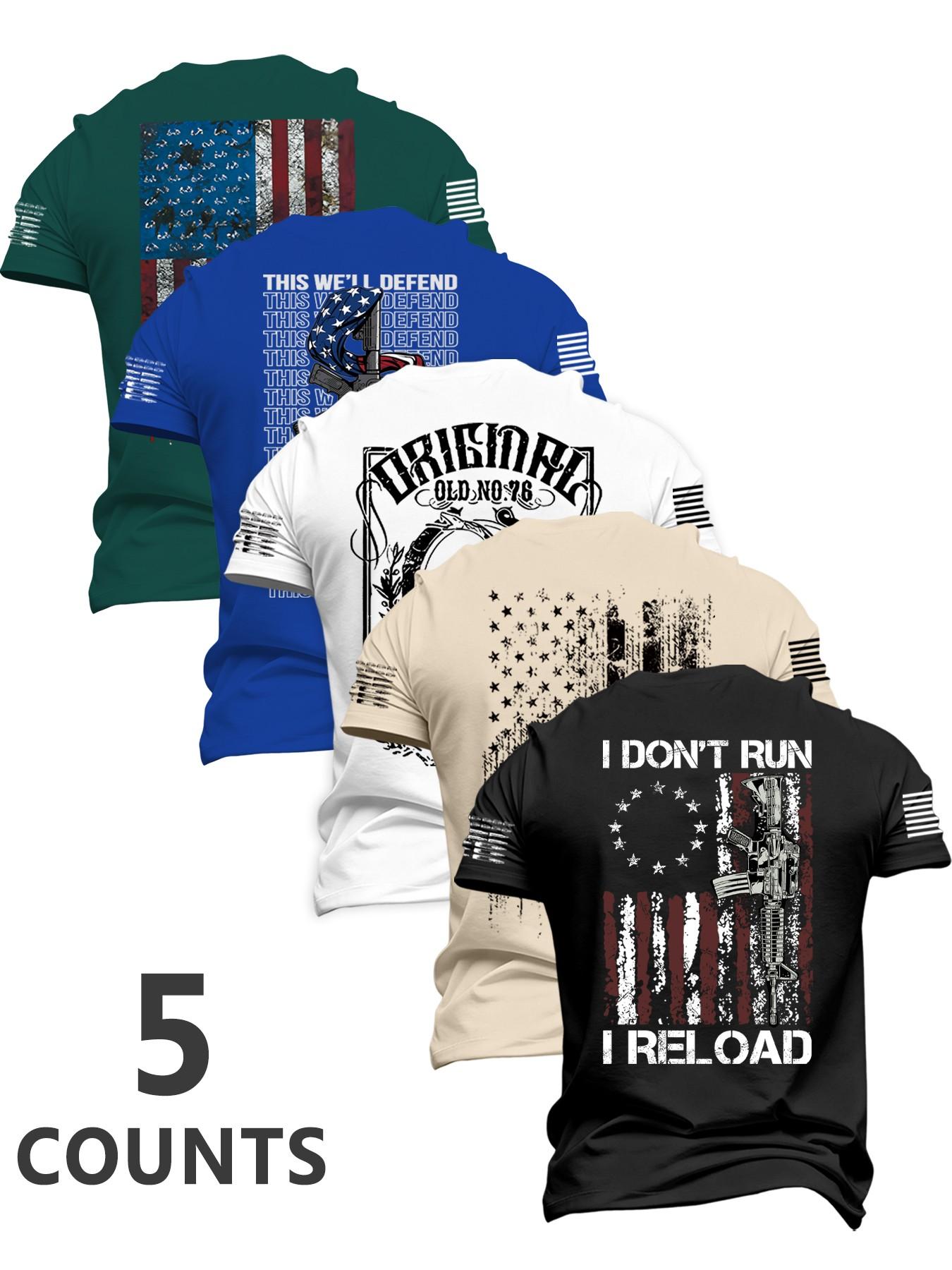 Men's Fashion Round Neck Casual Short Sleeve T-Shirt, Summer Comfortable Flag Print Outdoor Tee, 5 Pack, Perfect for Boyfriend Daily Wear Men's Fashion Round Neck Casual Short Sleeve T-Shirt, Summer Comfortable Flag Print Outdoor Tee, 5 Pack, Perfect for Boyfriend Daily Wear