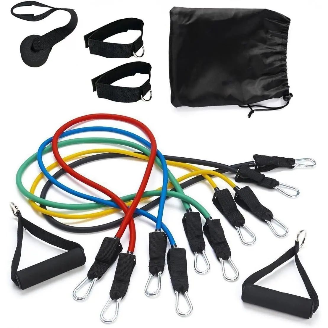 11-Pieces Resistance Bands Set - 5 Stackable Exercise Bands, 1 Door Anchor, 2 Foam Handles, 2 Metal Foot Rings, 1 Carrying Case for Home Workouts & Physical Therapy