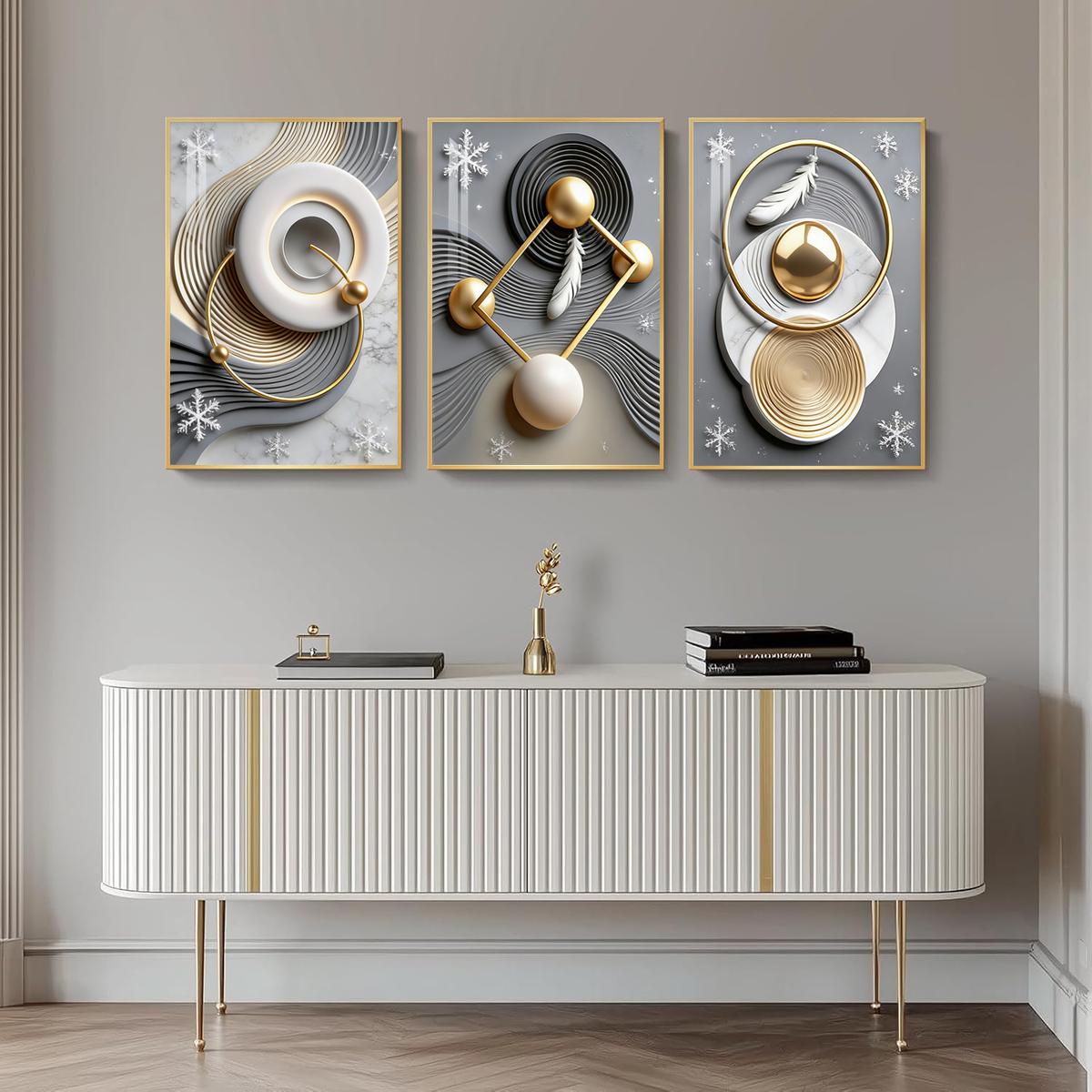 3 Counts Aluminum Alloy Framed Painting, Abstract Geometric Gold Feather Art Pictures, Home Decoration For Living Room, Bedroom, Office, Restaurant, Hallway Wall Decor, Odorless Print Artwork, Luxury Perfect Gift For Friends And Family