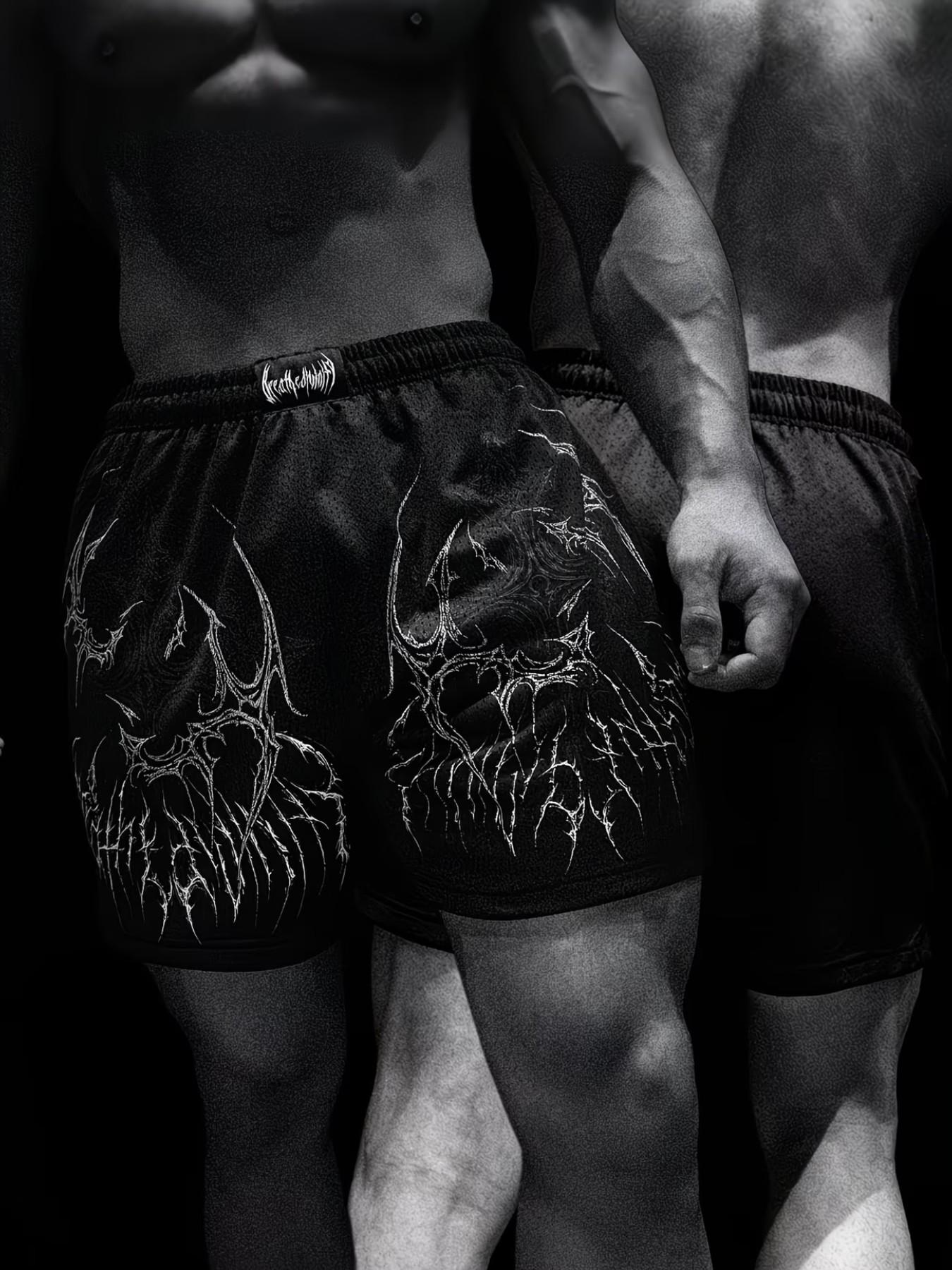 Men's Gothic Thorn Print Sport Shorts, Loose Comfortable Breathable Half-Length Pants, Cool Fitness Running Beachwear