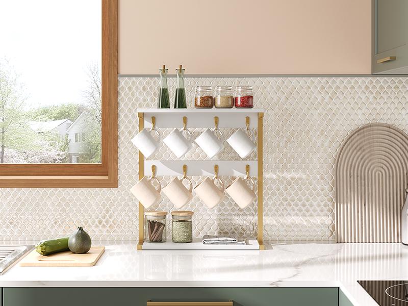 YATINEY Coffee Mug Holder for Counter, 2 Tier Mug Tree Rack, with 8 Hook and 2 Open Shelves, Vintage Mug Holder Stand for Home Kitchen, White and Gold #SpringSale #BigSpringSale