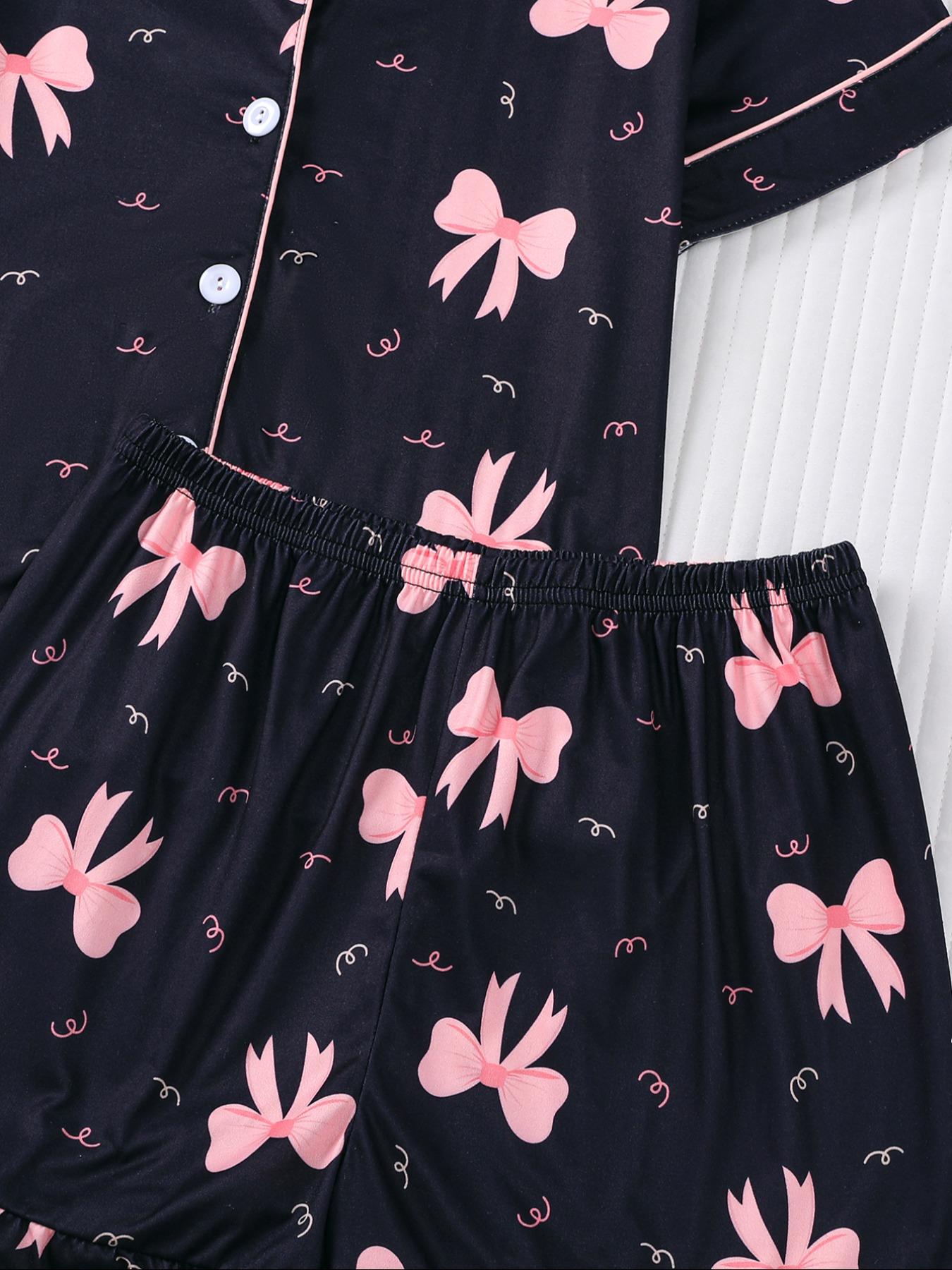 Sweet Bow Print Kids Pajama Set, Base Fitted Short Sleeve Top & Elastic Waist Shorts, Casual Home Wear for Girls, Pajama Sleepwear