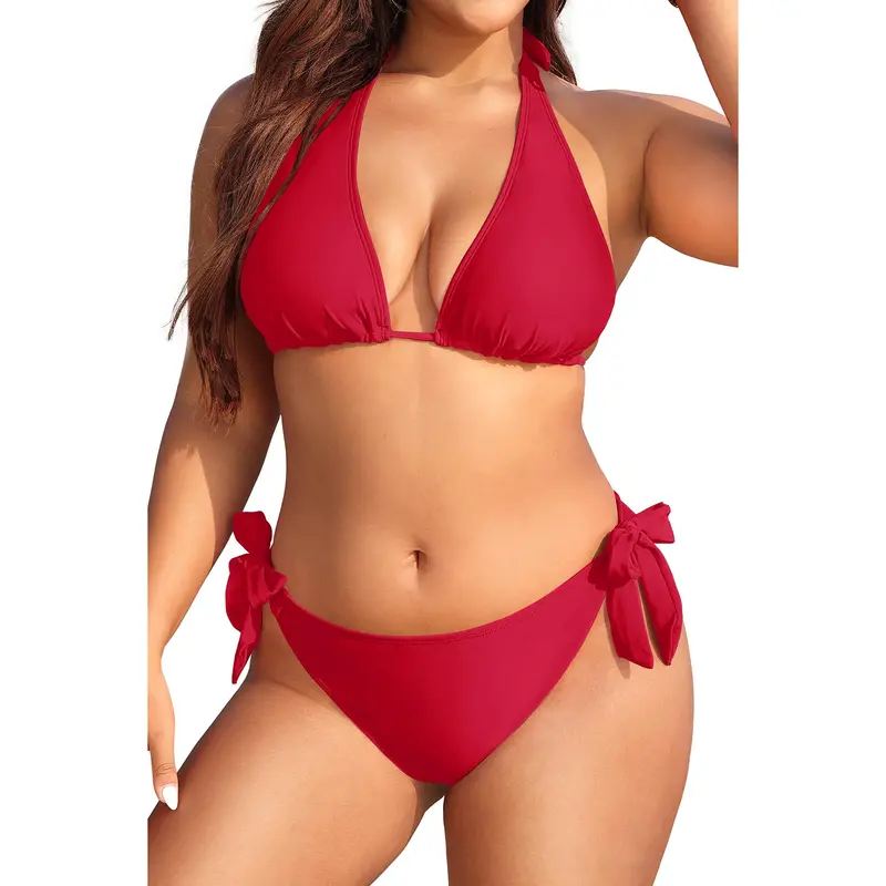 Tempt Me Women Plus Size Triangle Bikini Halter Two Piece Swimsuit Sexy Tie Side Bathing Suits