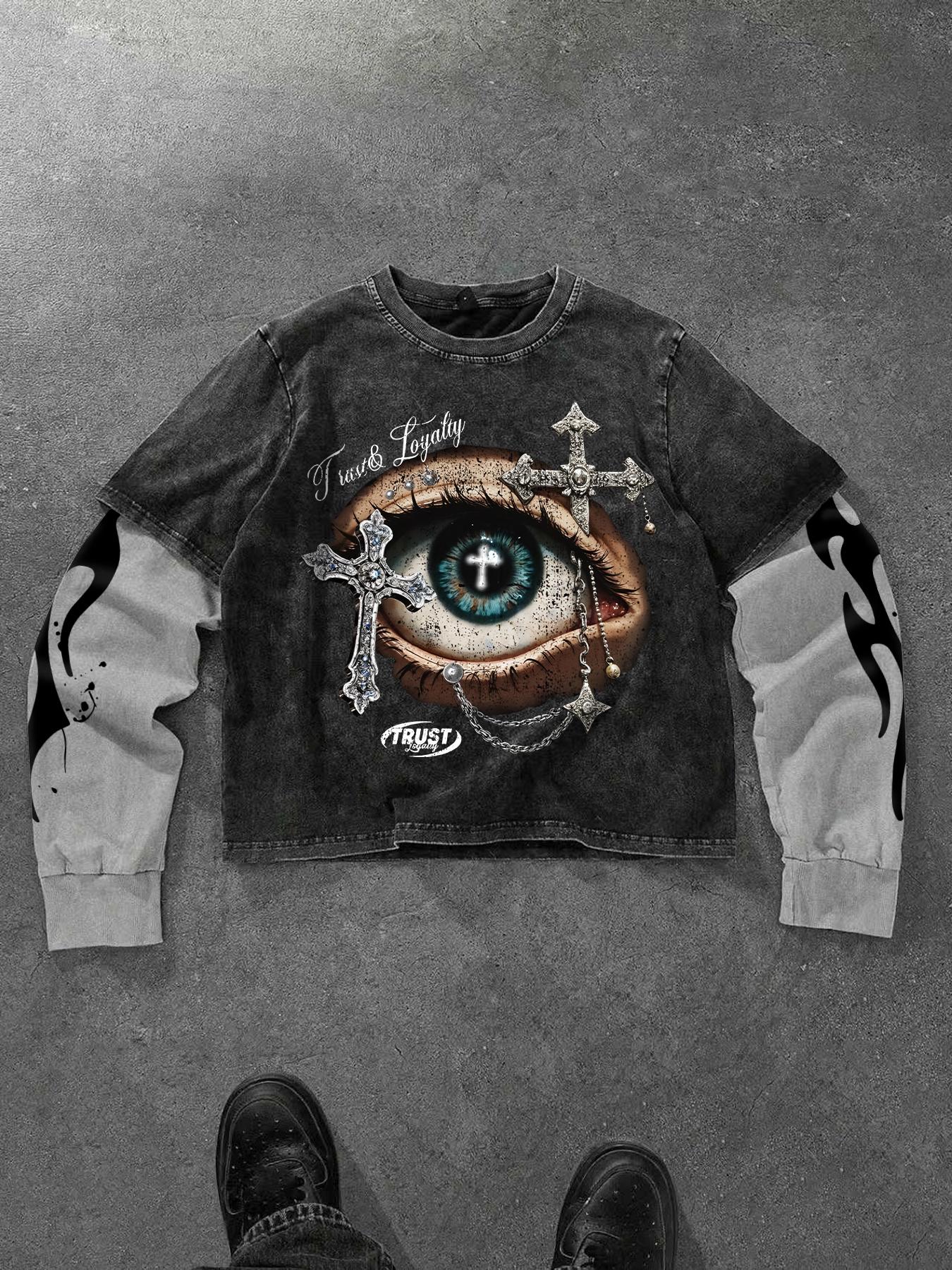 Men's Washed Cotton Mock Two-Piece Round Neck Long Sleeve Fitted Tee, with Star Print Design, a Casual and Trendy All-season Wardrobe Essential