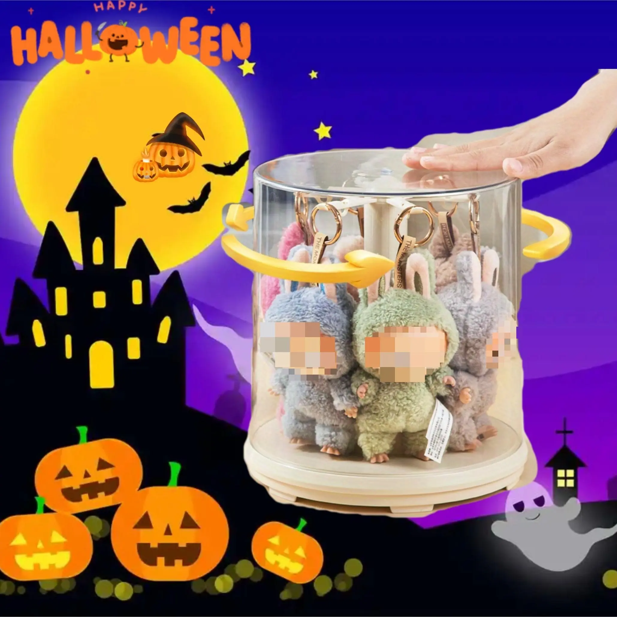 360 Degree Rotating Crystal Display Case for Dolls, Dustproof Waterproof Storage Rack with Hooks, Ideal for Collectibles & Figurines, Halloween
