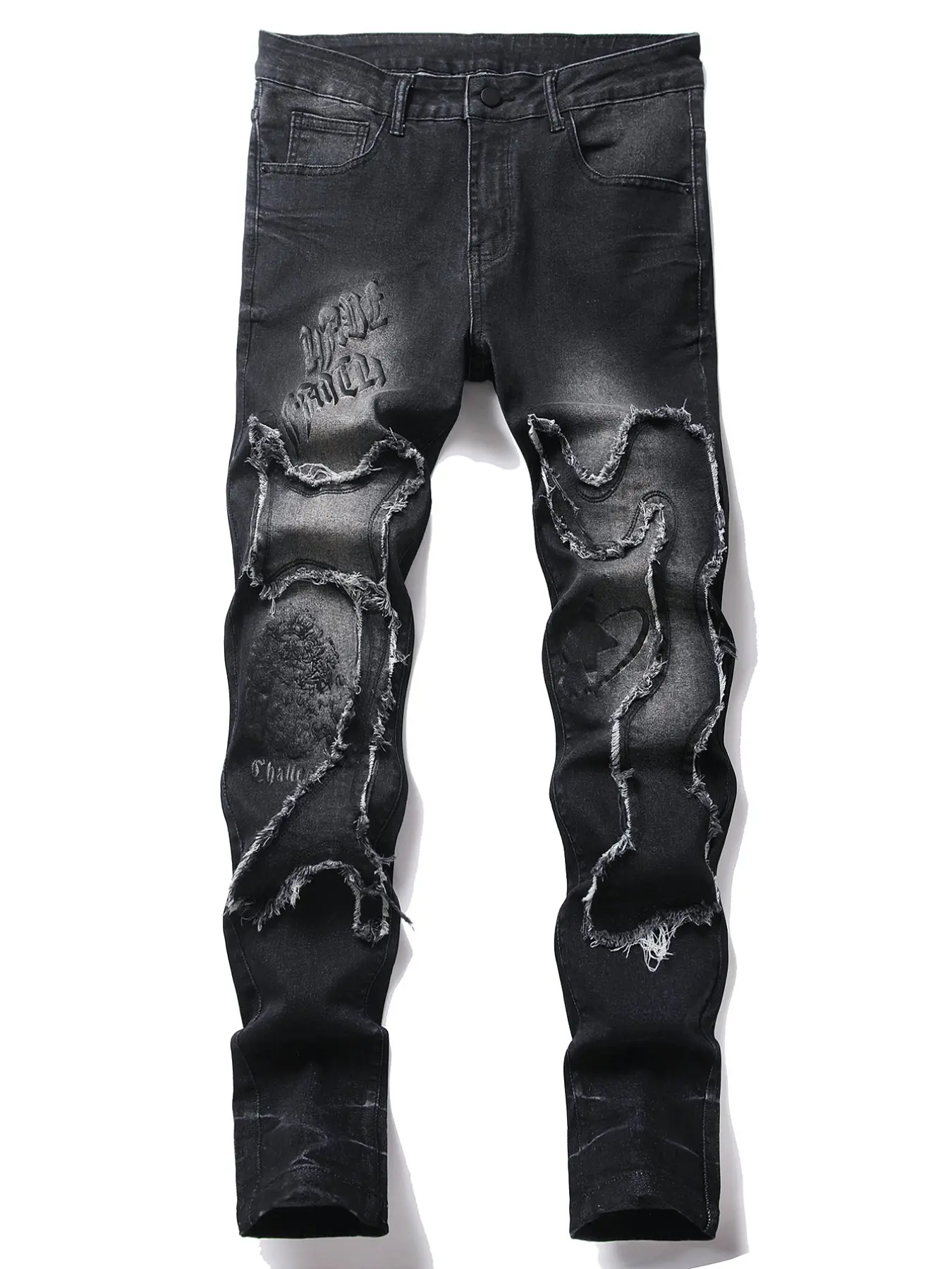 Vintage Patchwork Frayed Hole Jeans, Washed Craftsmanship, Letter Print Graffiti Micro-Rise, American High Street Men's Fashion Long Pants, Vintage Clothing Men