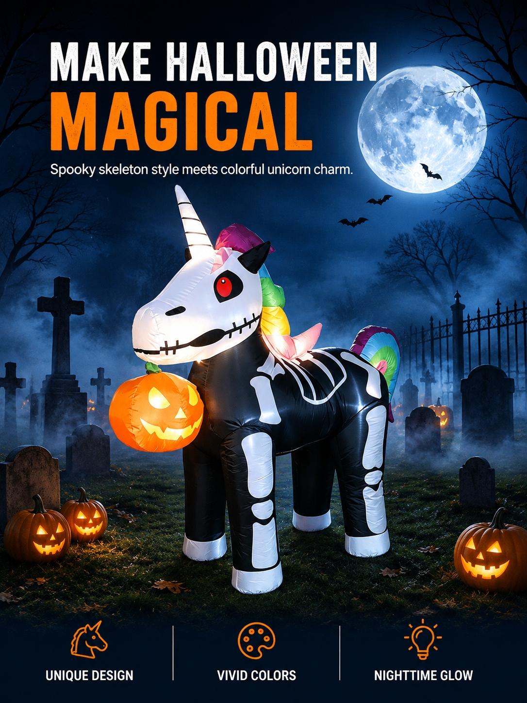 Halloween 1.5m Inflatable Skull Unicorn Pumpkin Light, LED Glowing Courtyard Lawn Outdoor Party Decor, Windproof Easy Install Foldable Storage
