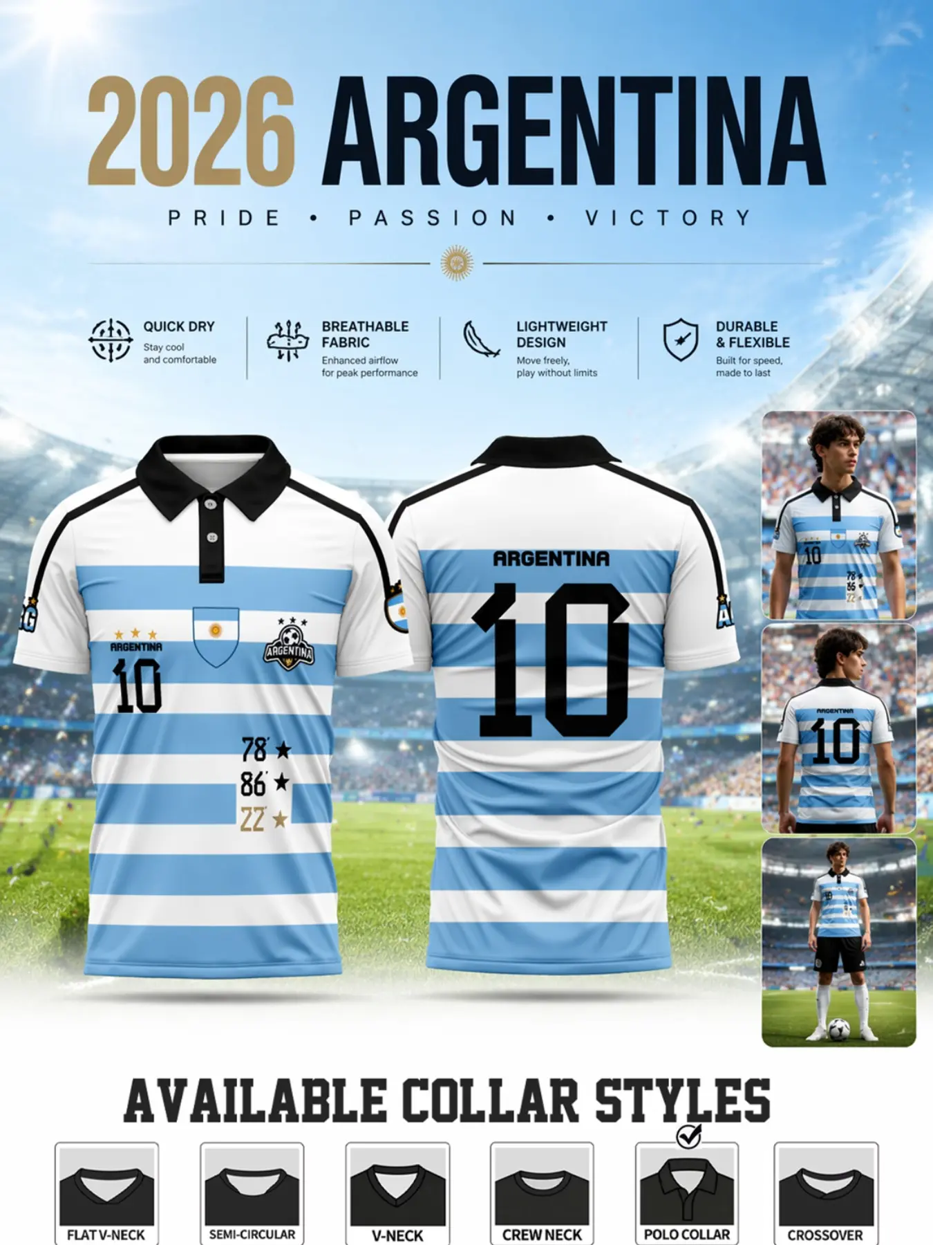 2026 Argentina Soccer Jersey, Short Sleeve High-Performance Football Top, Quick-Dry Breathable, Ideal for Matches and Training
