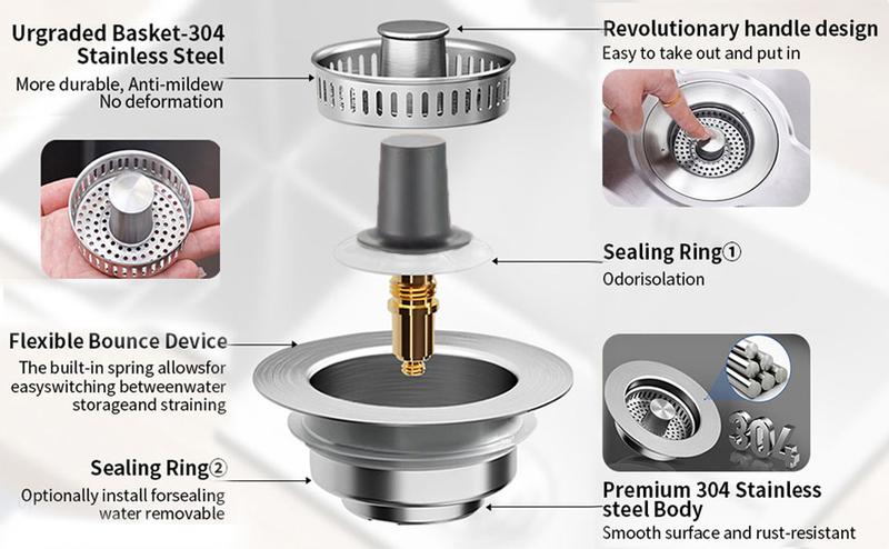 3-in-1 Kitchen Sink Drain Strainer, Stainless Steel Sink Plug, Deodorizing Anti-Clog Basket Strainer for US Standard 3-1/2 Inch Drains