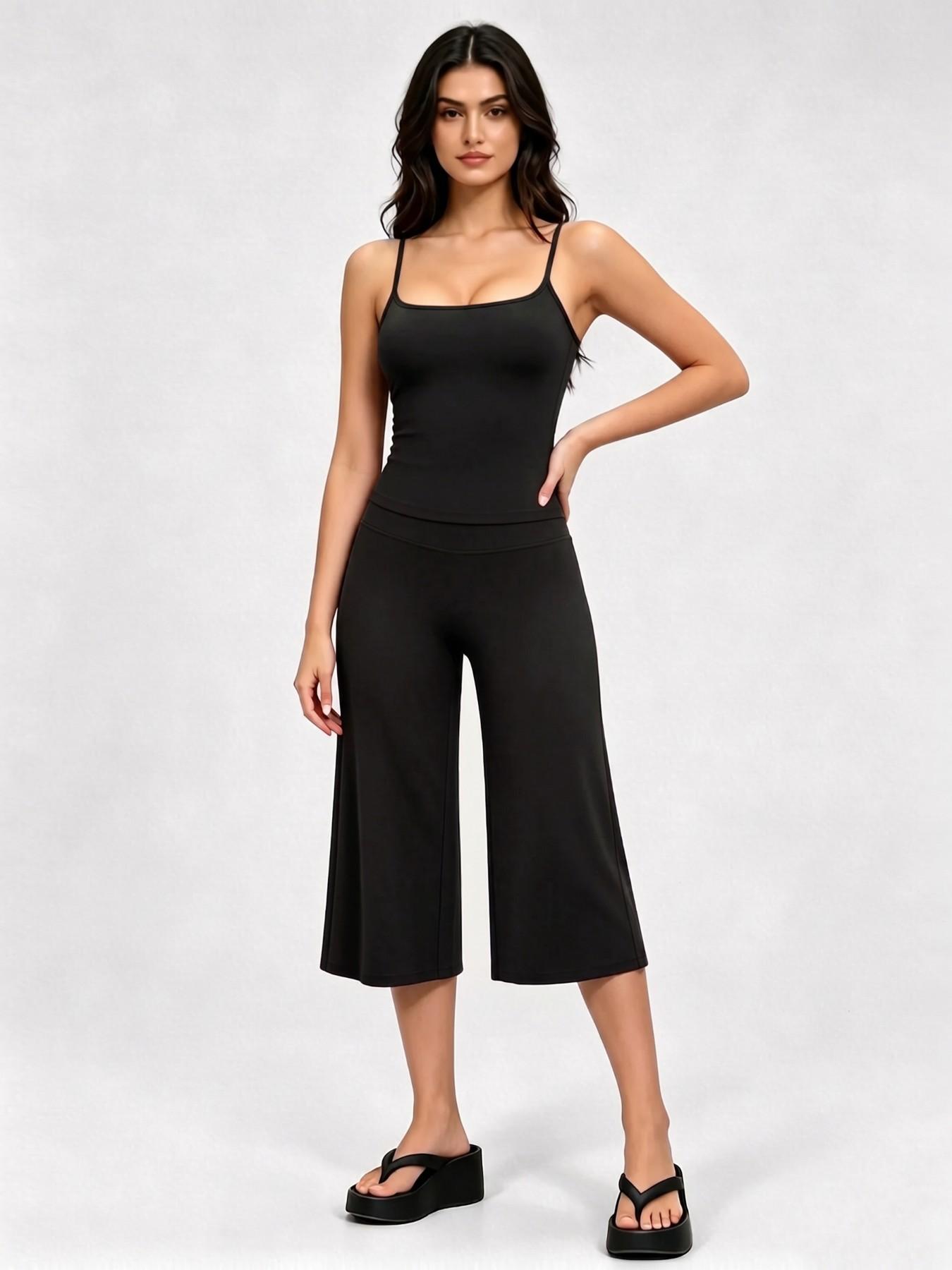 Adjustable Strap Top and High-Waist Wide-Leg Pants Set, Athleisure Summer Fitness Outfit, Soft Stretch Fabric, Sporty Style, Quick Dry, Suitable for Spring Summer Fall