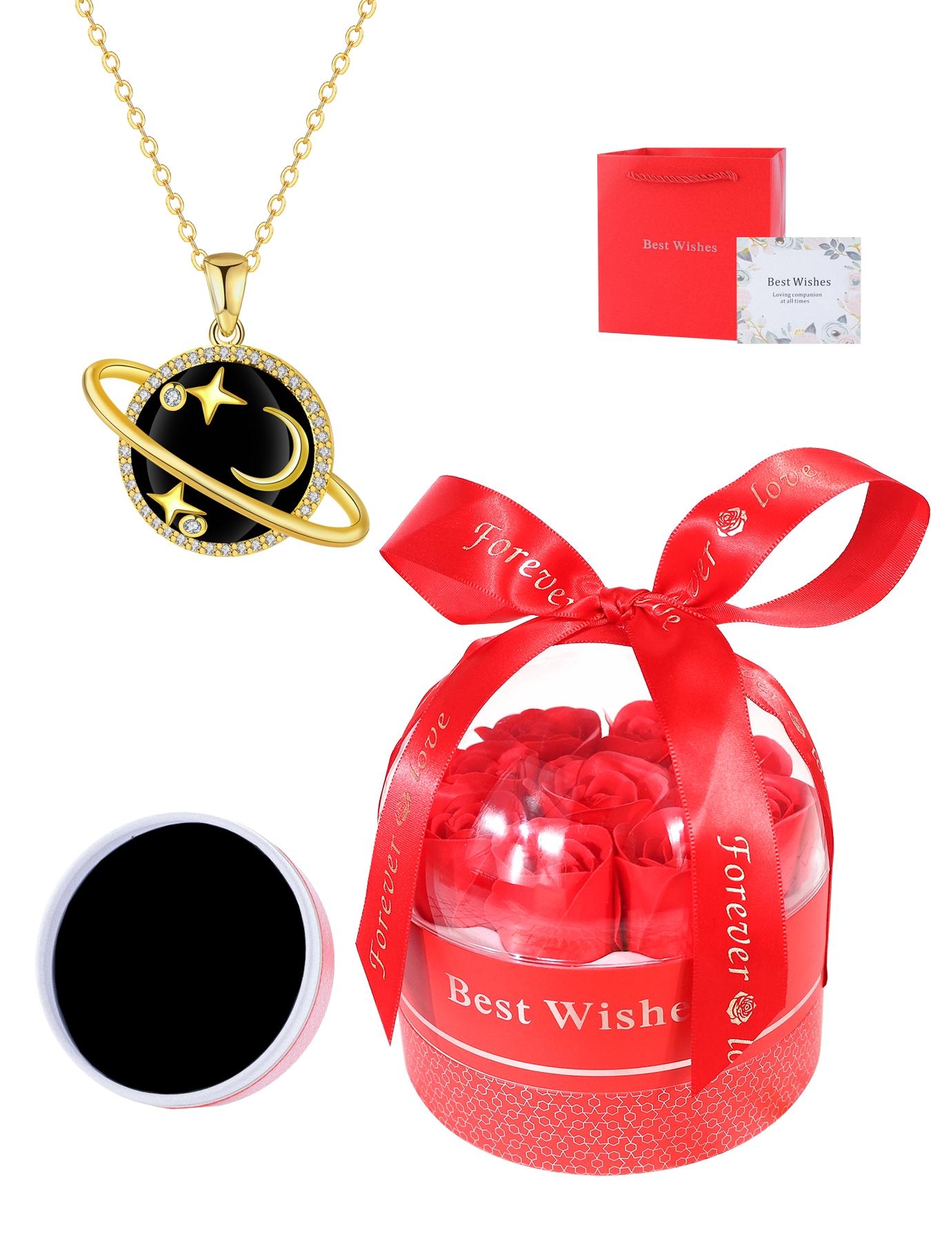 Diamond Saturn Pendant Necklace, 18k Gold Plated Low Allergy, Ideal Jewelry Gift for Mother's Day, Anniversary, Includes Gift Box