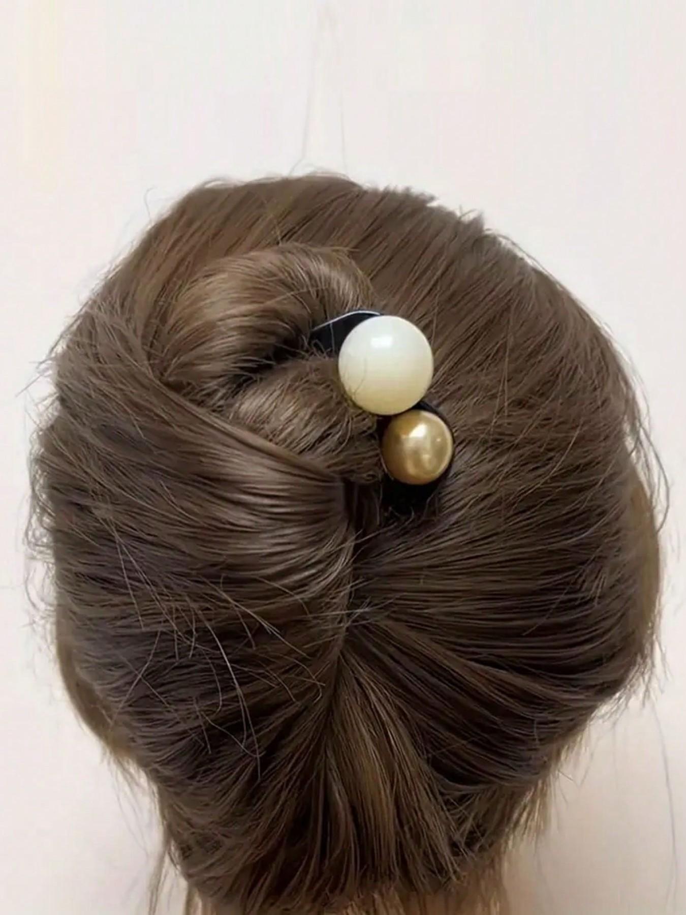 Elegant Three-Tooth Bead U-Shaped Hairpin，Bun Updo Hairpin， Vintage Hair Clips - Black & White with Green Synthetic Gemstonestone Accents, Versatile for Casual & Formal Occasions, All-Season girls Hair Accessories, Hair Accessories, Classic Hairpins,