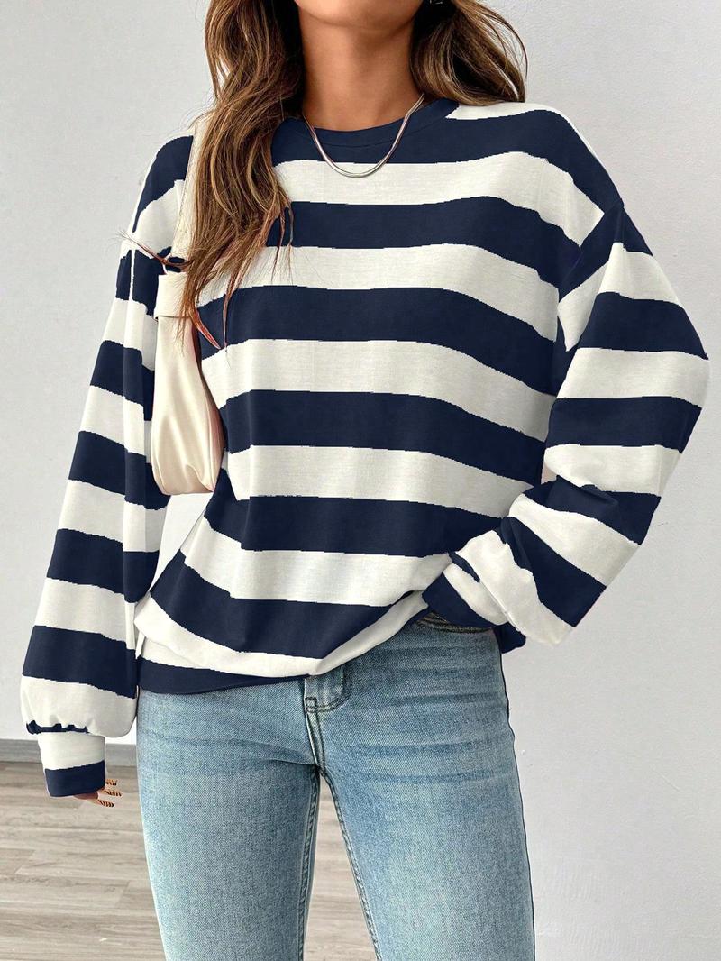Women's Loose-Fit Striped Round Neck T-Shirt, Casual Comfort Top for Fall & Winter