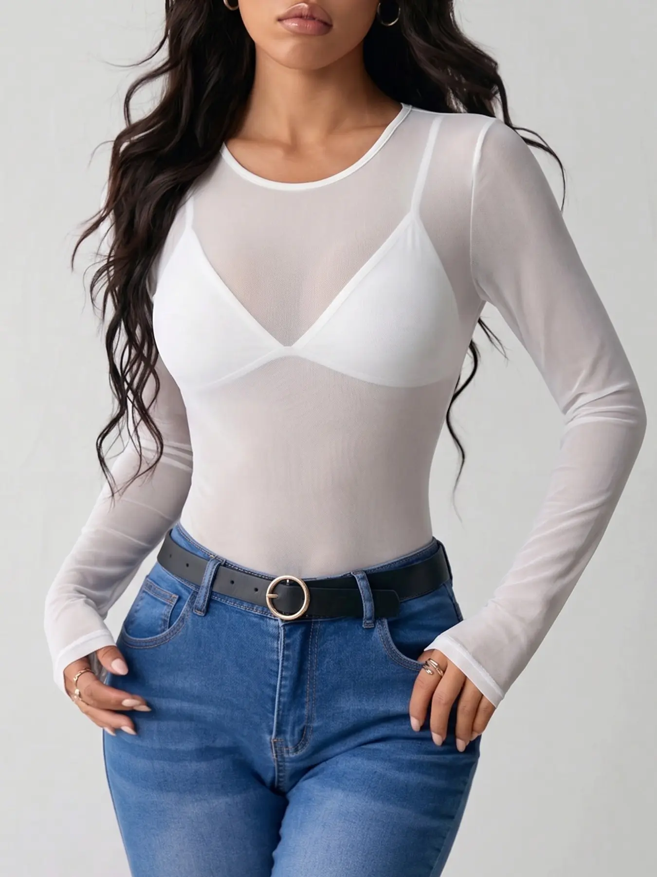 Women's Round Neck Sheer Mesh Long Sleeve Bodysuit, Slim Fit See-Through Mesh Basic Layering Top, Stretchy Form-Fitting Long Sleeve Shirt, Sexy Y2K Streetwear Inner Layer Blouse in Black White, Ideal for Daily Outfit Matchingand Casual Trendy Styling