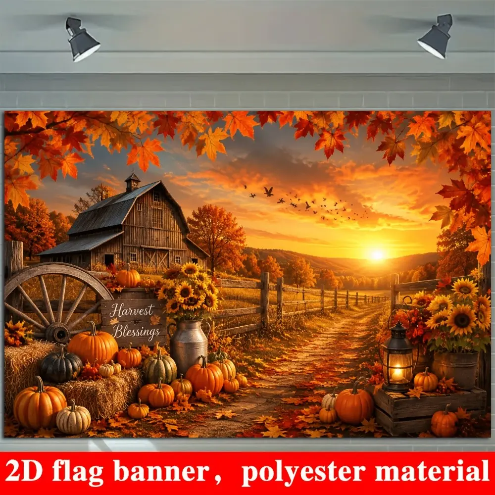2D Flat 1pc Fall Harvest Thanksgiving Backdrop Cloth, Sunset Farm Barn Rural Scenery, Wooden Fence Country Path, Assorted Pumpkins Hay Bales Vintage Wagon Wheel Sunflowers Lanterns, Photo Booth Wall Decor for Thanksgiving Party Photoshoot
