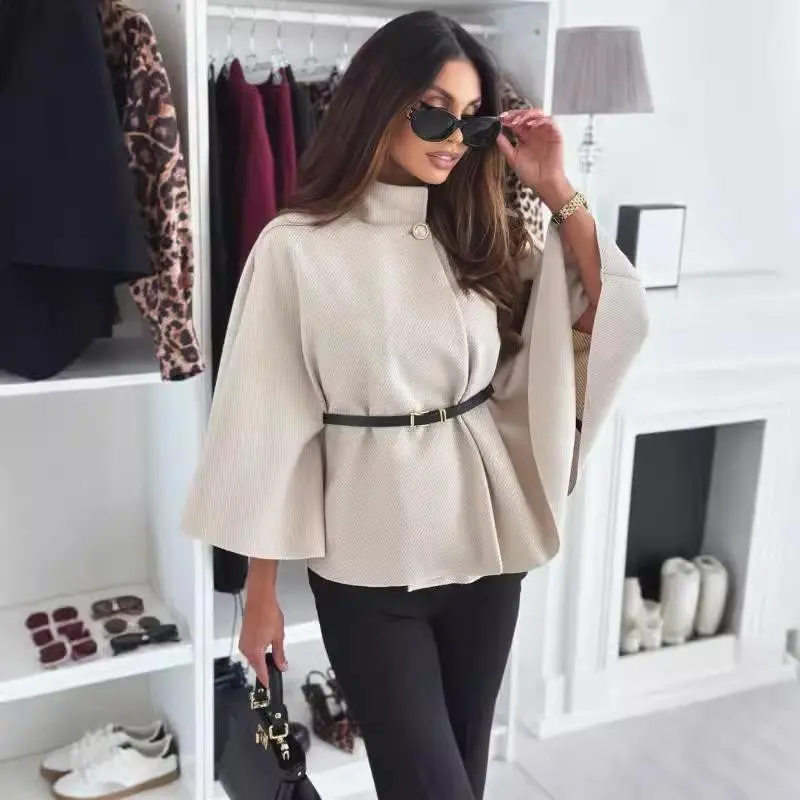 Autumn Winter Women Batwing Sleeve Coat Elegant Lady Cloak Cape Wool Tweed Poncho Thick Warm Loose Outerwear Tops Shirts Blouses Jackets