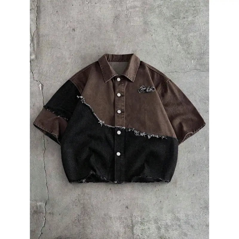 Men's High-Cotton Premium Polyester-Linen Blended Color Block Patchwork Cropped Denim Shacket - Raw Frayed Edge, Small Chest Embroidered Logo, Button-Down Collar, Loose Boxy Fit, Short-Sleeve Streetwear Male Clothing Shirt, Casual Party Wear, Streetwear C