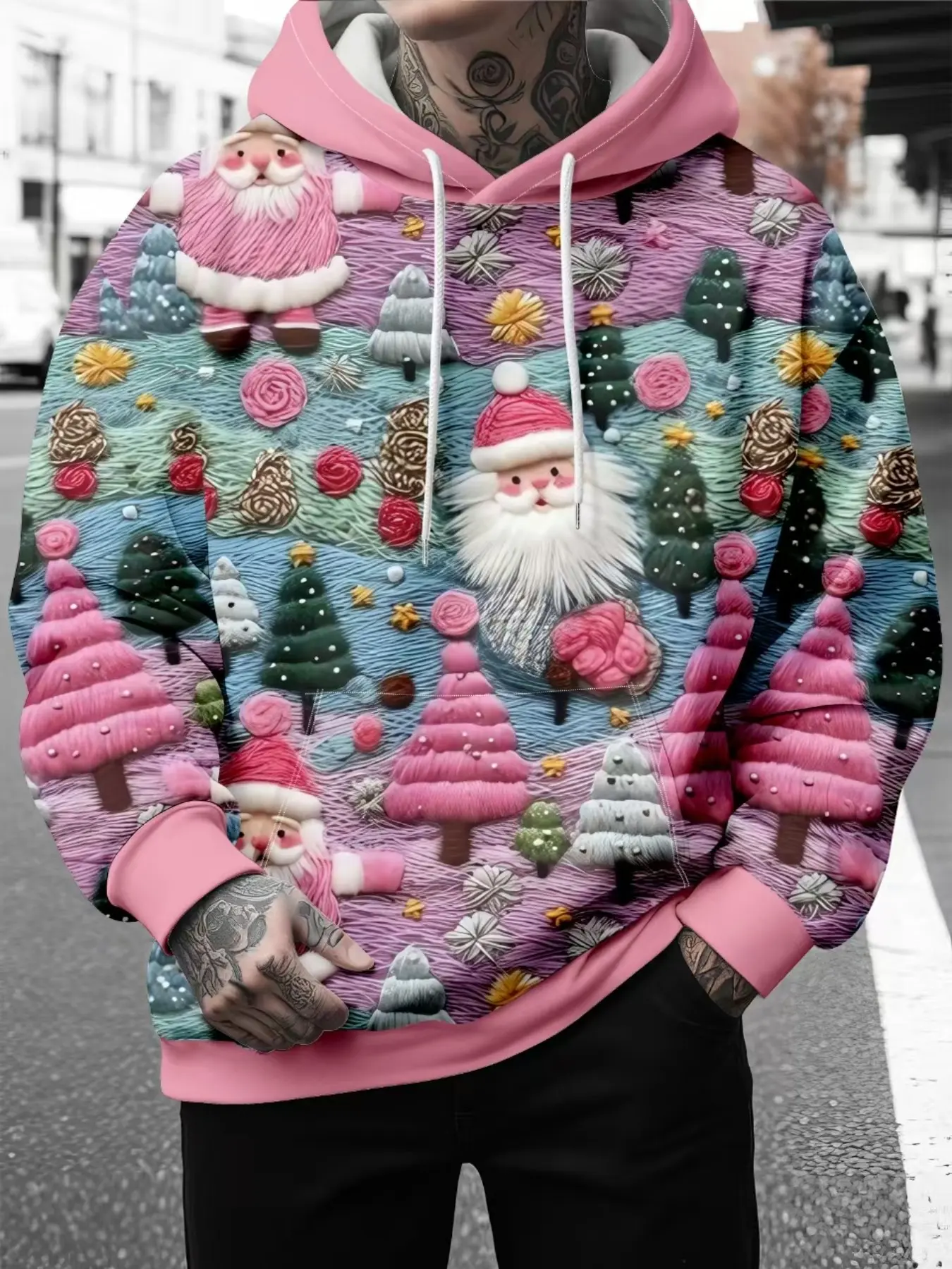 Men Full Print Festive Christmas Cartoon Pattern Hoodie, Santa Snowman Bear Graphic Drawstring Hooded Pullover, Long Sleeve Pocket Sweatshirt, Xmas Holiday Casual Streetwear Top