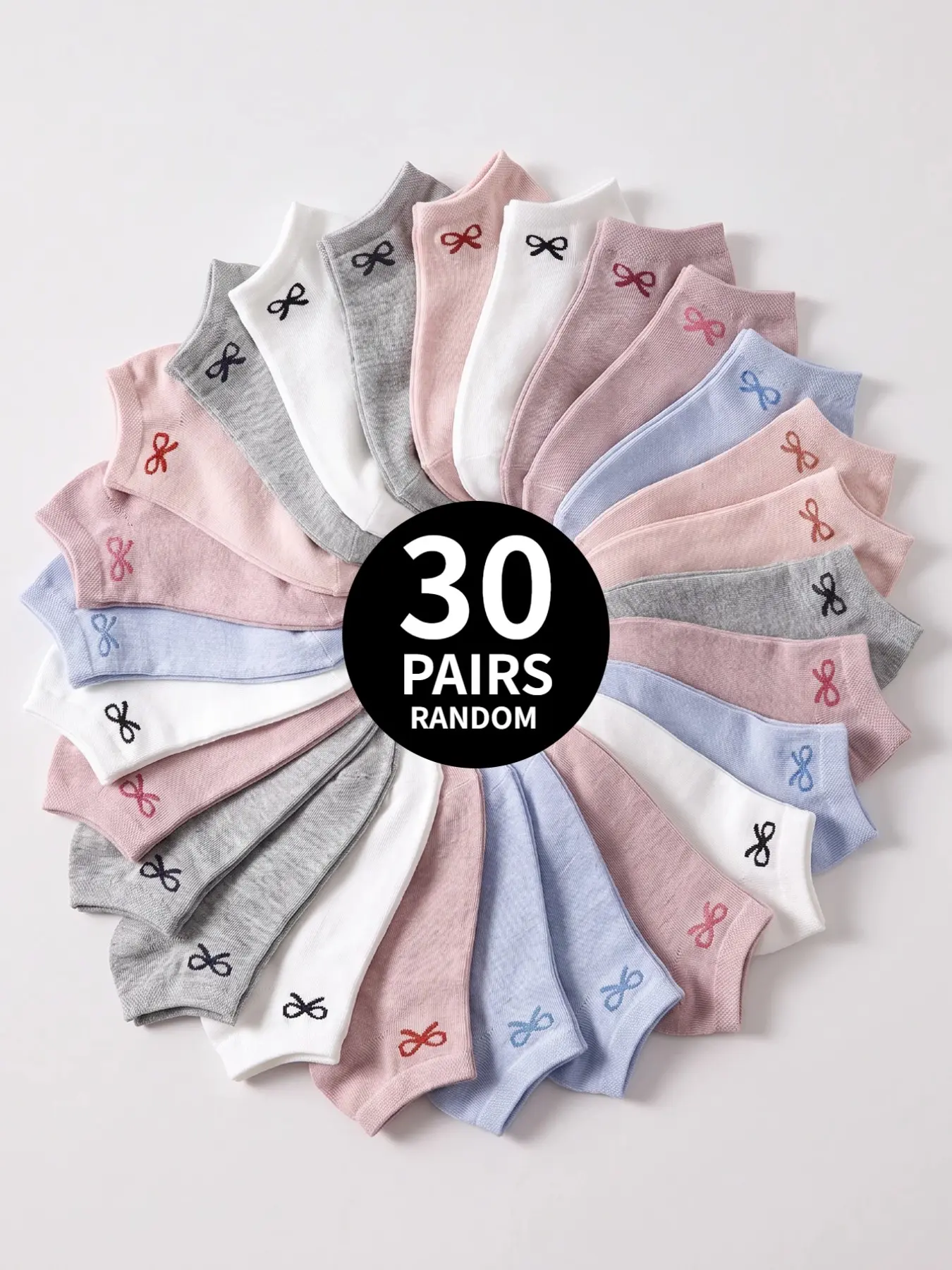 30-Pair Random-Pattern Bow-Tie Ankle Socks for Women: Low-Cut, Macaron Colors, Cute, Comfortable, Breathable, Versatile, and Fit
