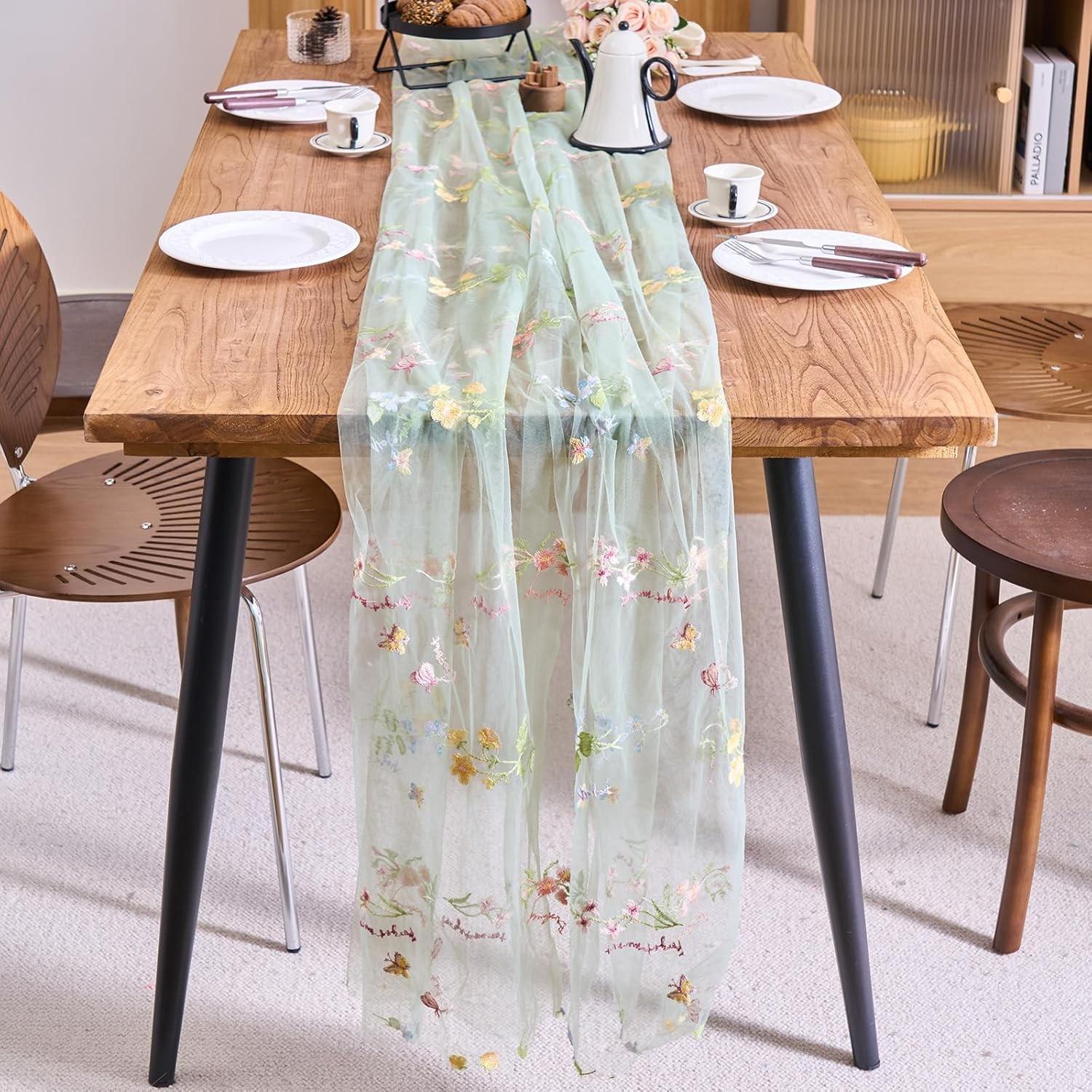 Vintage Embroidered Floral Table Runner, 70x180cm Sheer Mesh Tablecloth, Home Decor, Wedding, Party, Holiday DIY, Kitchen Decoration