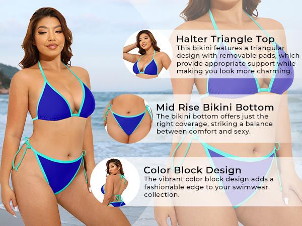 Tempt Me Women Plus Size Triangle Bikini Sets String Two Piece Halter Swimsuits with Tie Side Bottom