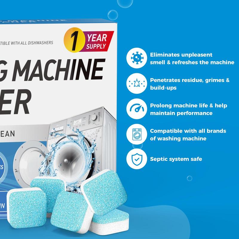 24pack Washer Cleaner Tablets Mold Remover, Odor Eliminator Washing Machine Cleaning Tablets, Septic Safe