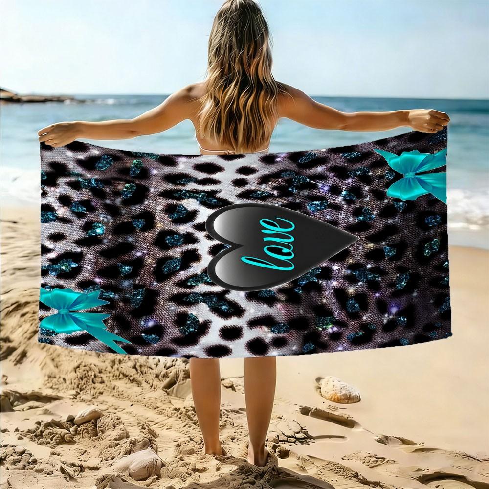 Y2K Coquette Leopard Love Beach Towel | High‑Definition Digital Print of Glitter Leopard, Teal Bows & Black Heart | Quick‑Dry Towel Towel for Pool, Beach, and Travel