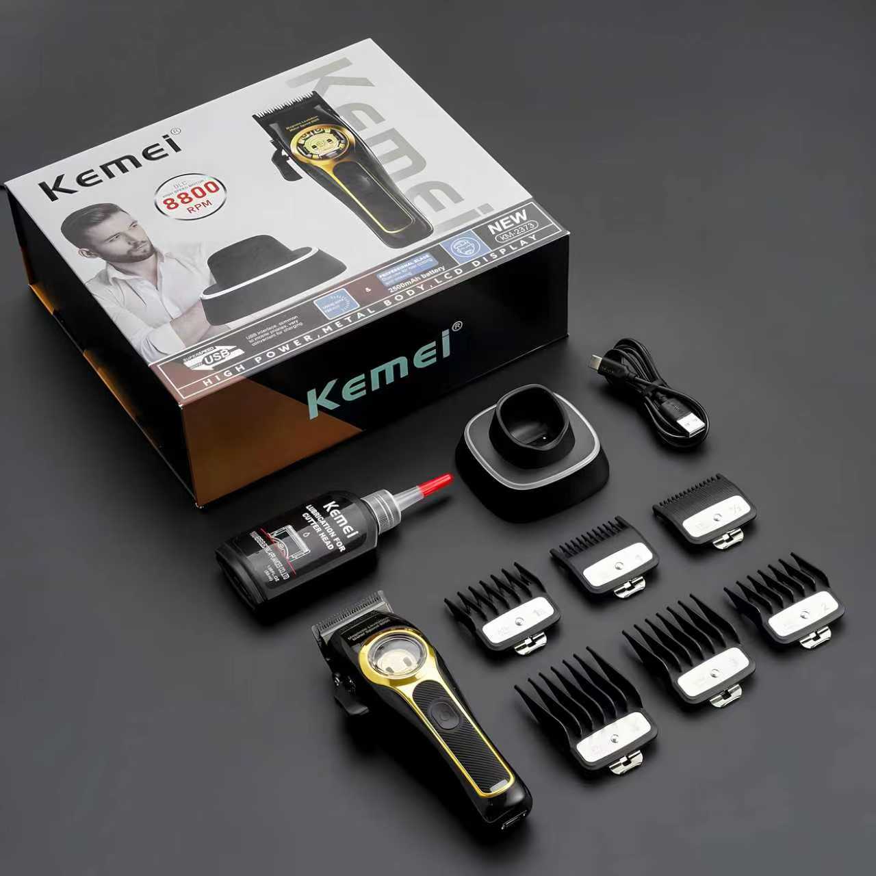 Kemei Electric Hair Trimmer Km-2373, USB Charging Carving Hair Clipper with Base, Professional Salon Barber Tool, High Precision Grooming Kit, Suspended Motor