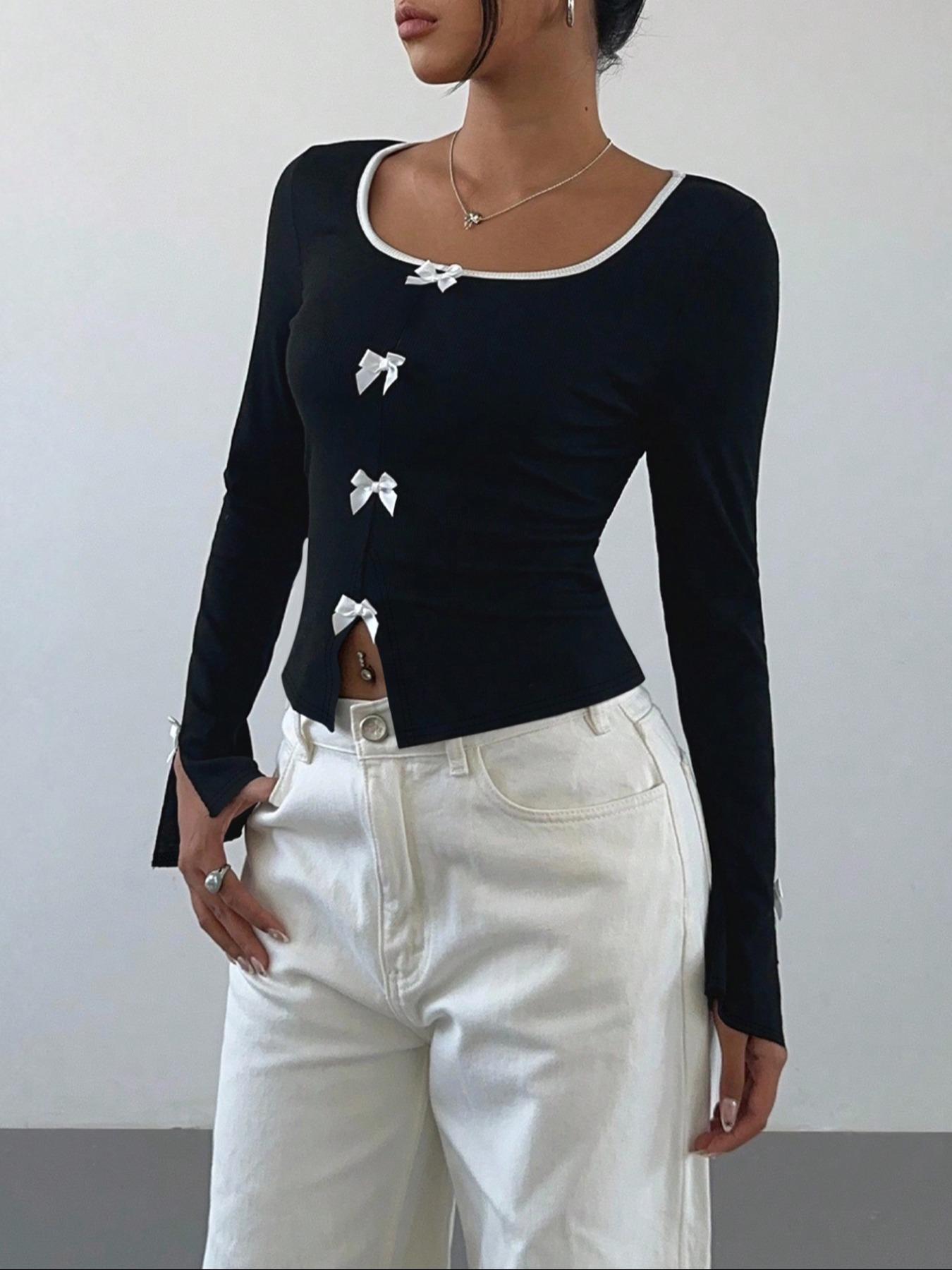 Elegant Bowknot Decorated Slim-Fit Knitted Long Sleeve Top, Stylish Women's Fashion Pullover for Casual Wear, Perfect for Fall & Winter Seasons