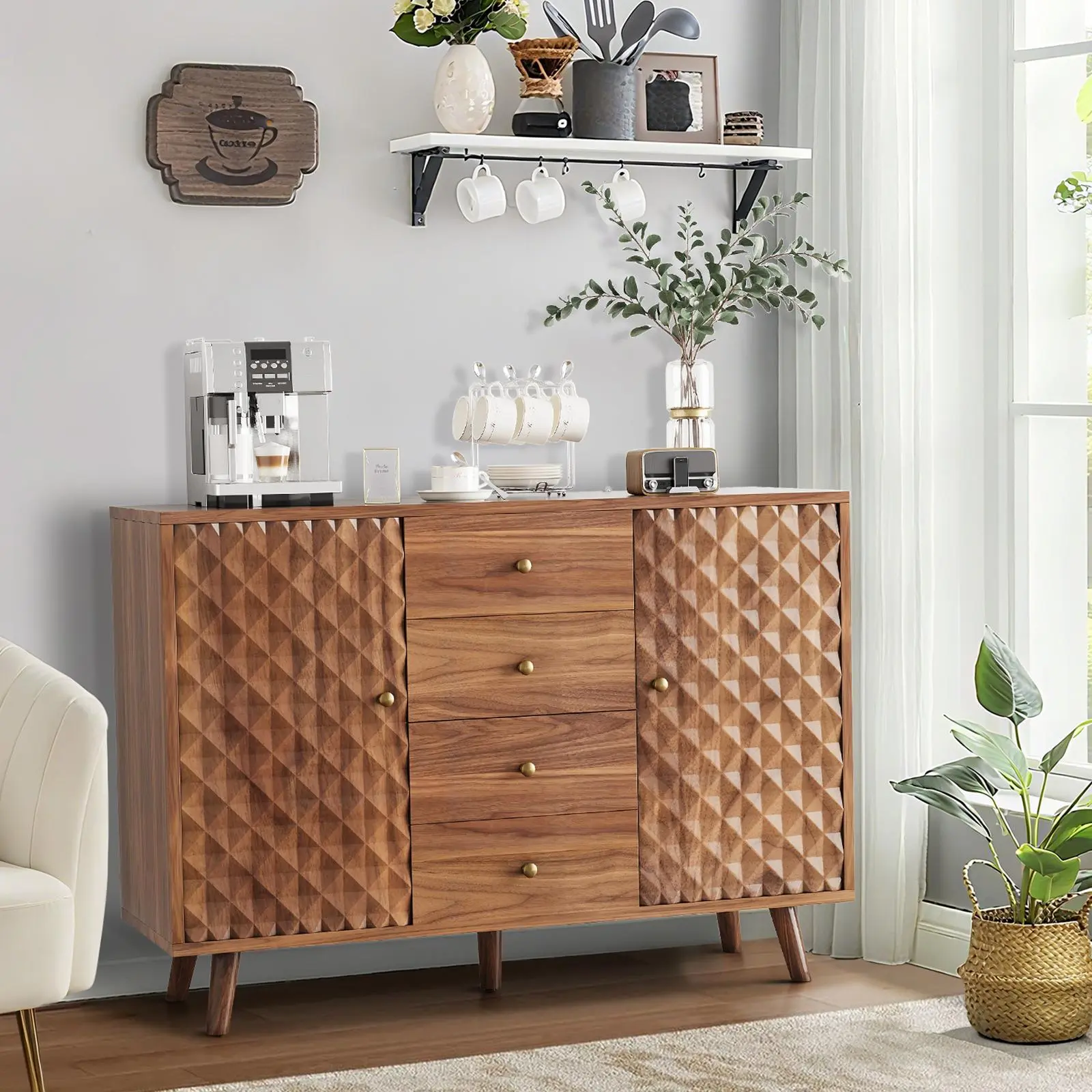 Farmhouse Sideboard Buffet Cabinet with Storage –2 Doors & 4 Drawers, Adjustable Shelf, Sliding Door