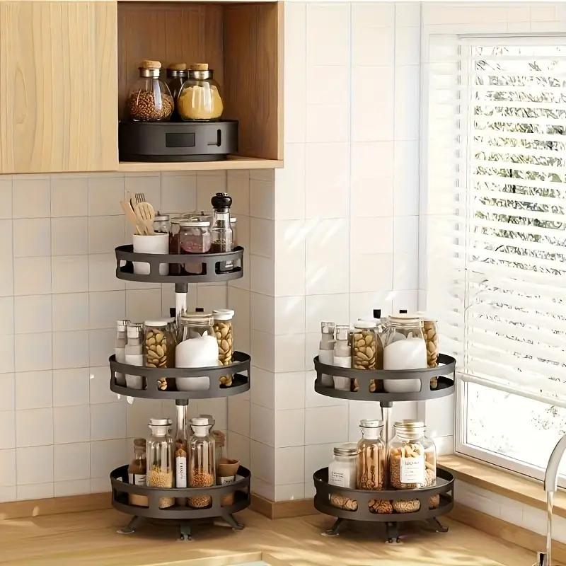 2/3-Tier Multipurpose Rotating Organizer: Space-Saving Kitchen Storage for Tableware, Makeup, and Spices - Non-Slip, Adjustable Height, and Metal Construction Adjustable Metal Racks