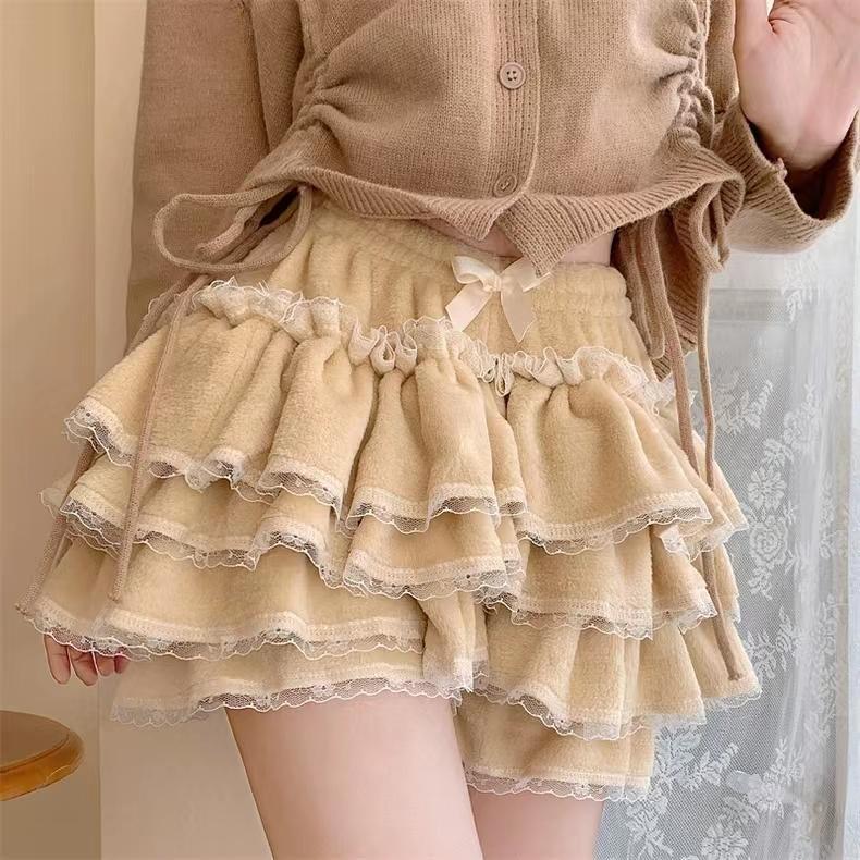 Autumn Winter Warm Lolita Safety Short Pants Women Sweet Chic Plush Bloomers Japanese Y2k Lace Bow Knickers Harajuku Cute Shorts
